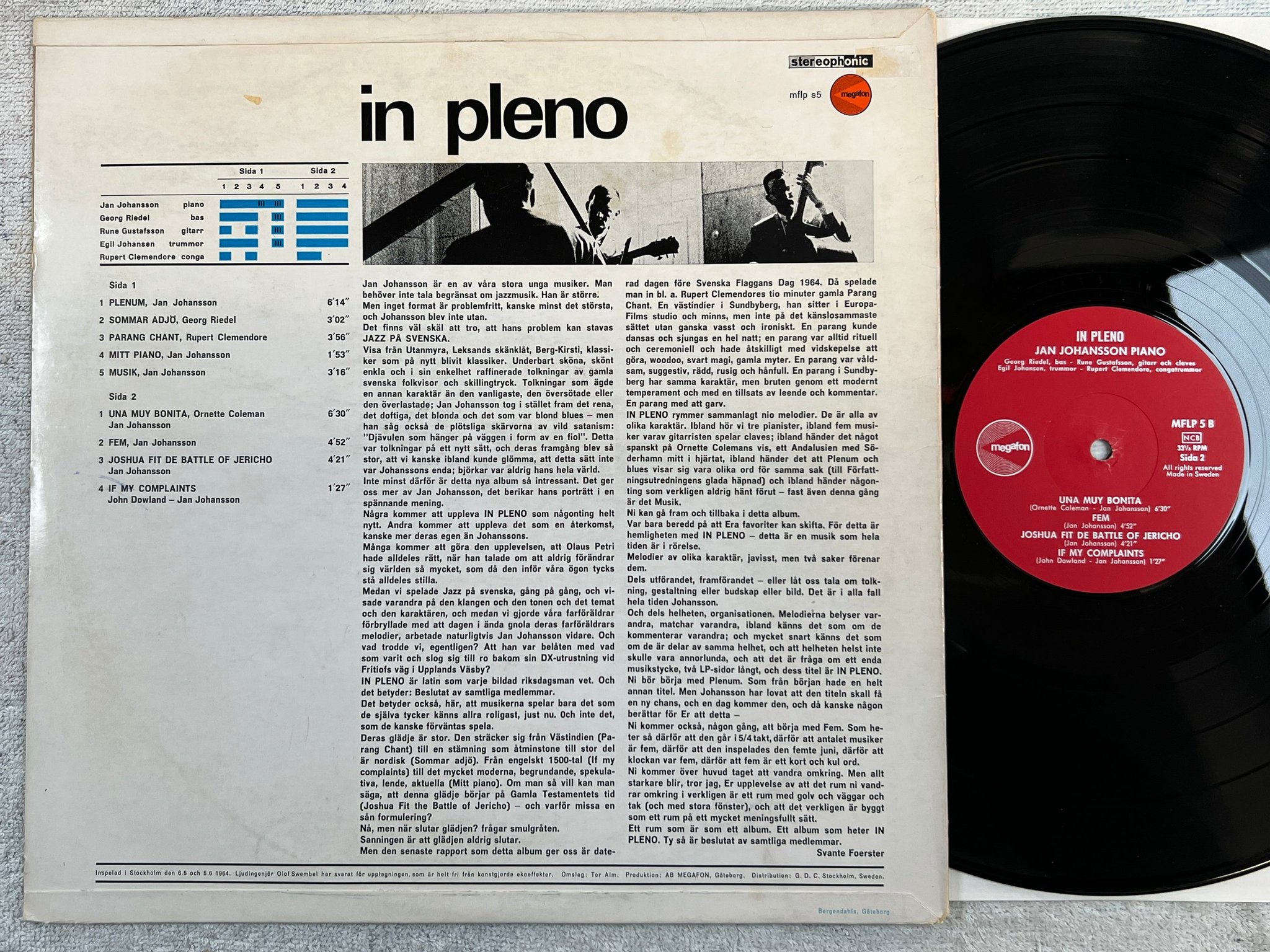 Omslagsbild för skivan JAN JOHANSSON in pleno LP -64 Swe MEGAFON MFLP 5
