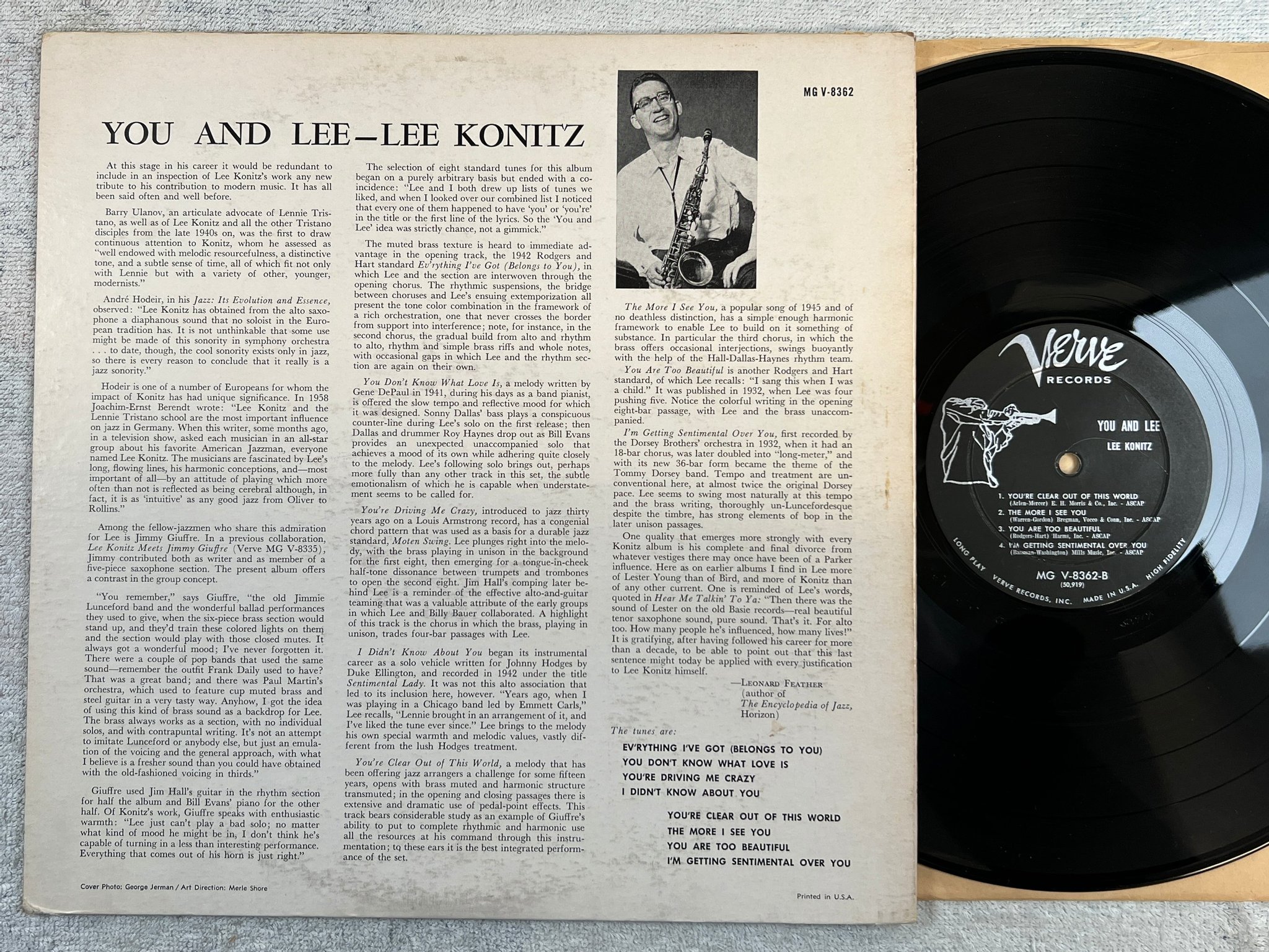 Omslagsbild för skivan LEE KONITZ you and Lee LP -60 US VERVE MG V 8362