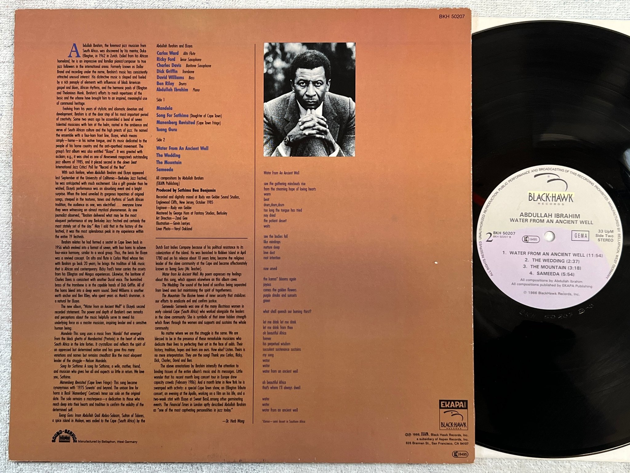 Omslagsbild för skivan ABDULLAH IBRAHIM water from an ancient well LP -86 Ger BLACKHAWK BKH 50207