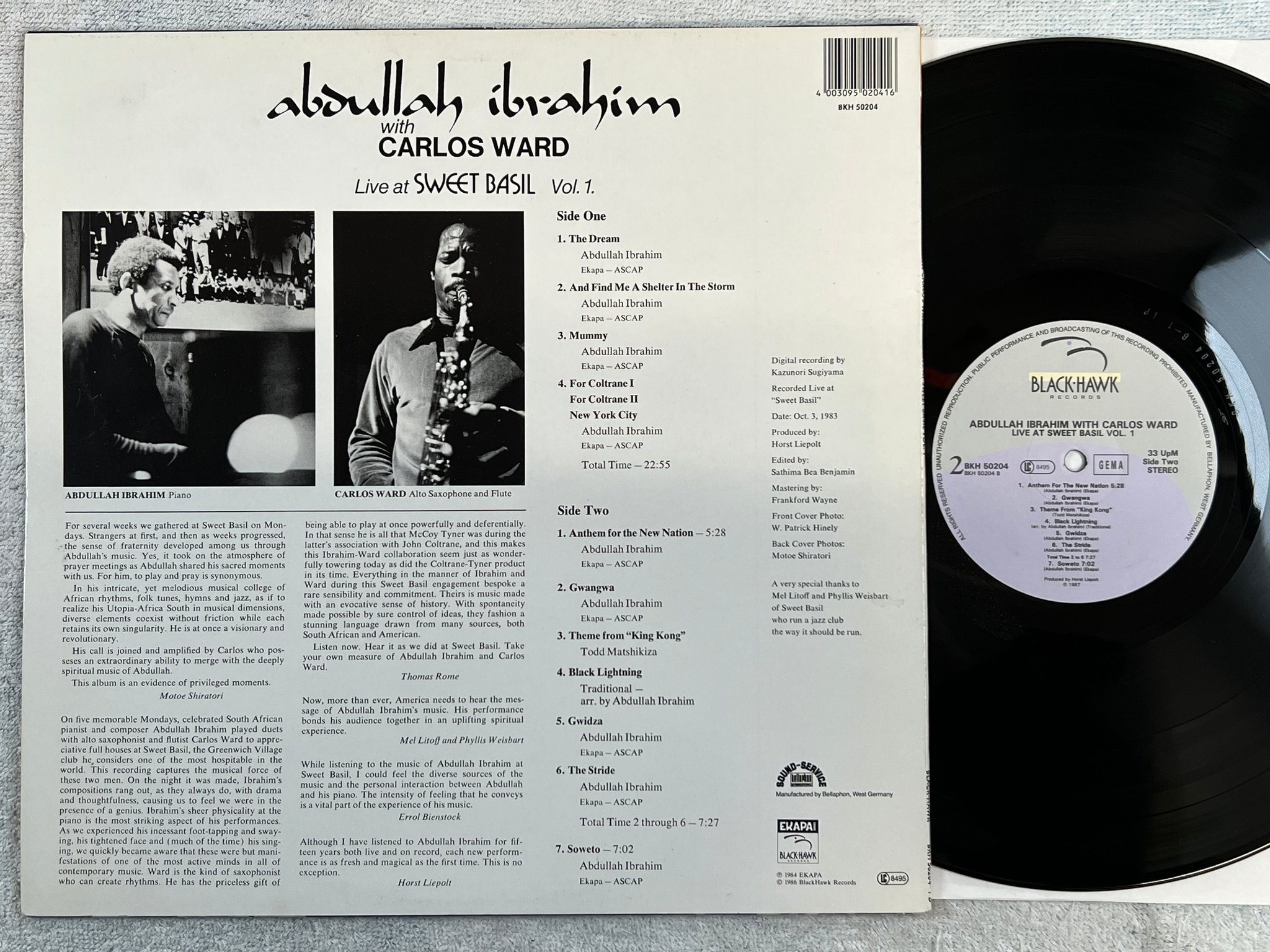 Omslagsbild för skivan ABDULLAH IBRAHIM live at Sweet Basil vol 1 LP -87 Ger BLACKHAWK BKH 50204