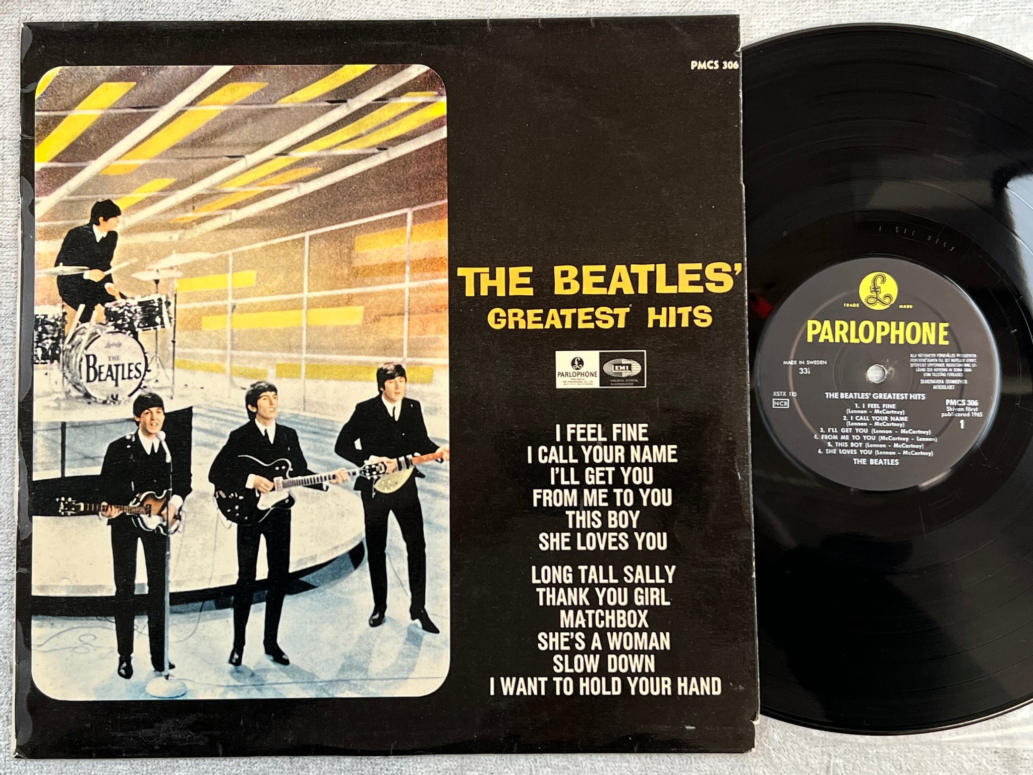 Omslagsbild för skivan THE BEATLES greatest hits LP -65 Swe PARLOPHONE PMCS 306