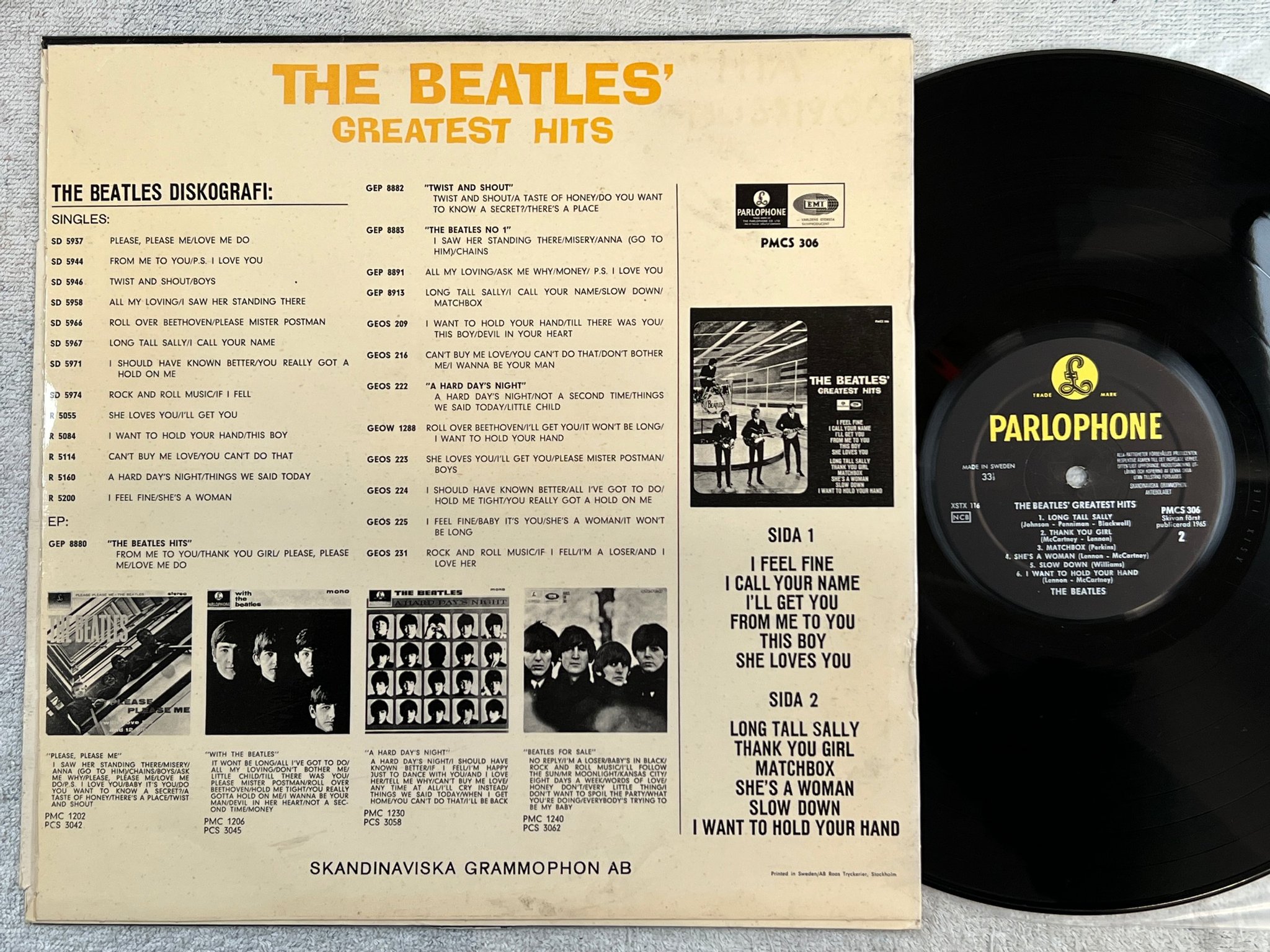 Omslagsbild för skivan THE BEATLES greatest hits LP -65 Swe PARLOPHONE PMCS 306