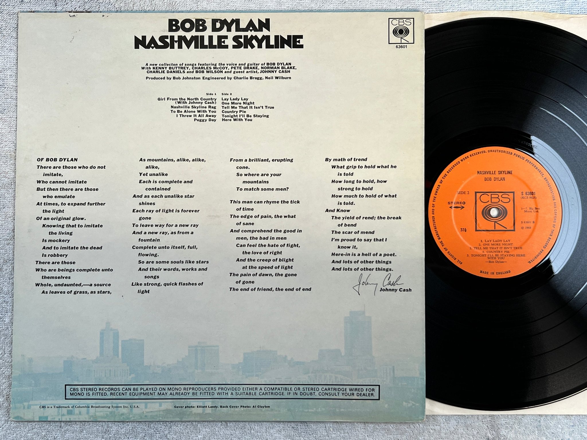 Omslagsbild för skivan BOB DYLAN Nashville skyline LP -69 UK CBS S 63601