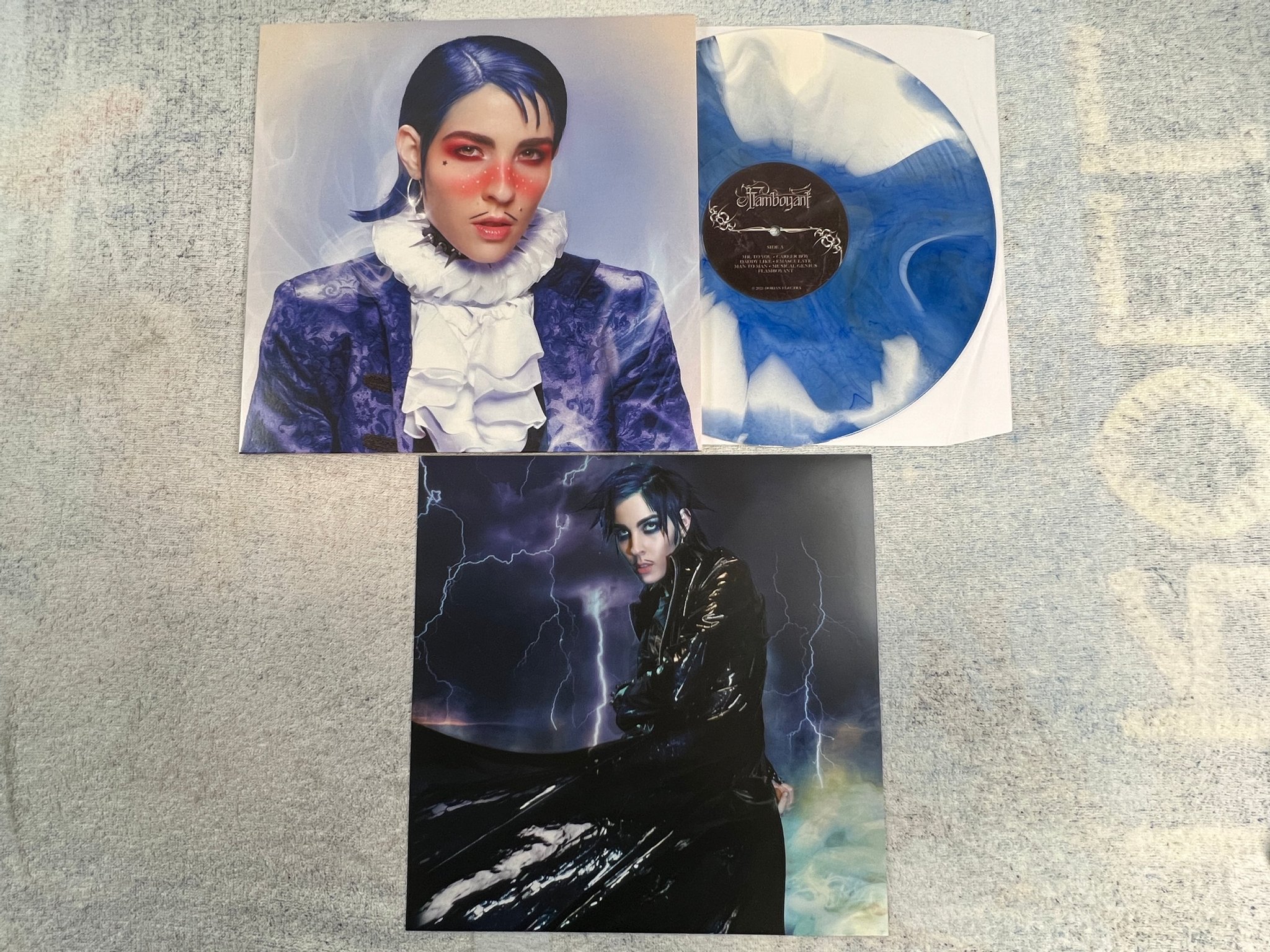 Omslagsbild för skivan DORIAN ELECTRA Flamboyant LP 2022 US Blue & White Swirl DANCE-POP