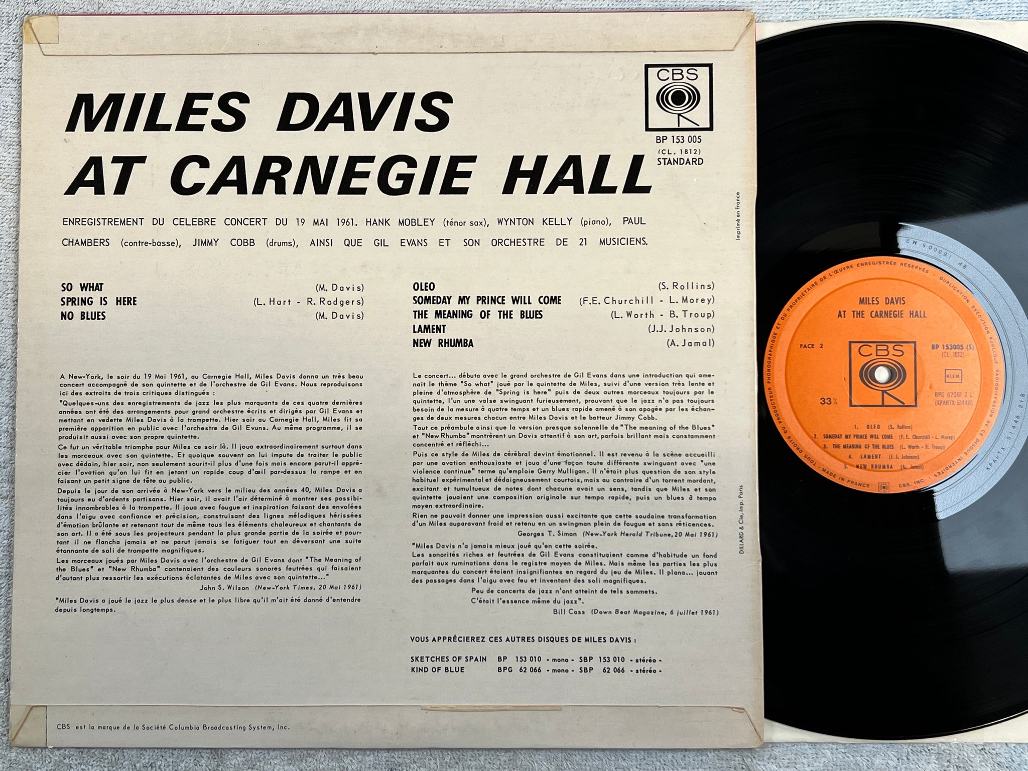 Omslagsbild för skivan MILES DAVIS at the Carnegie Hall LP Fra CBS BP 153005