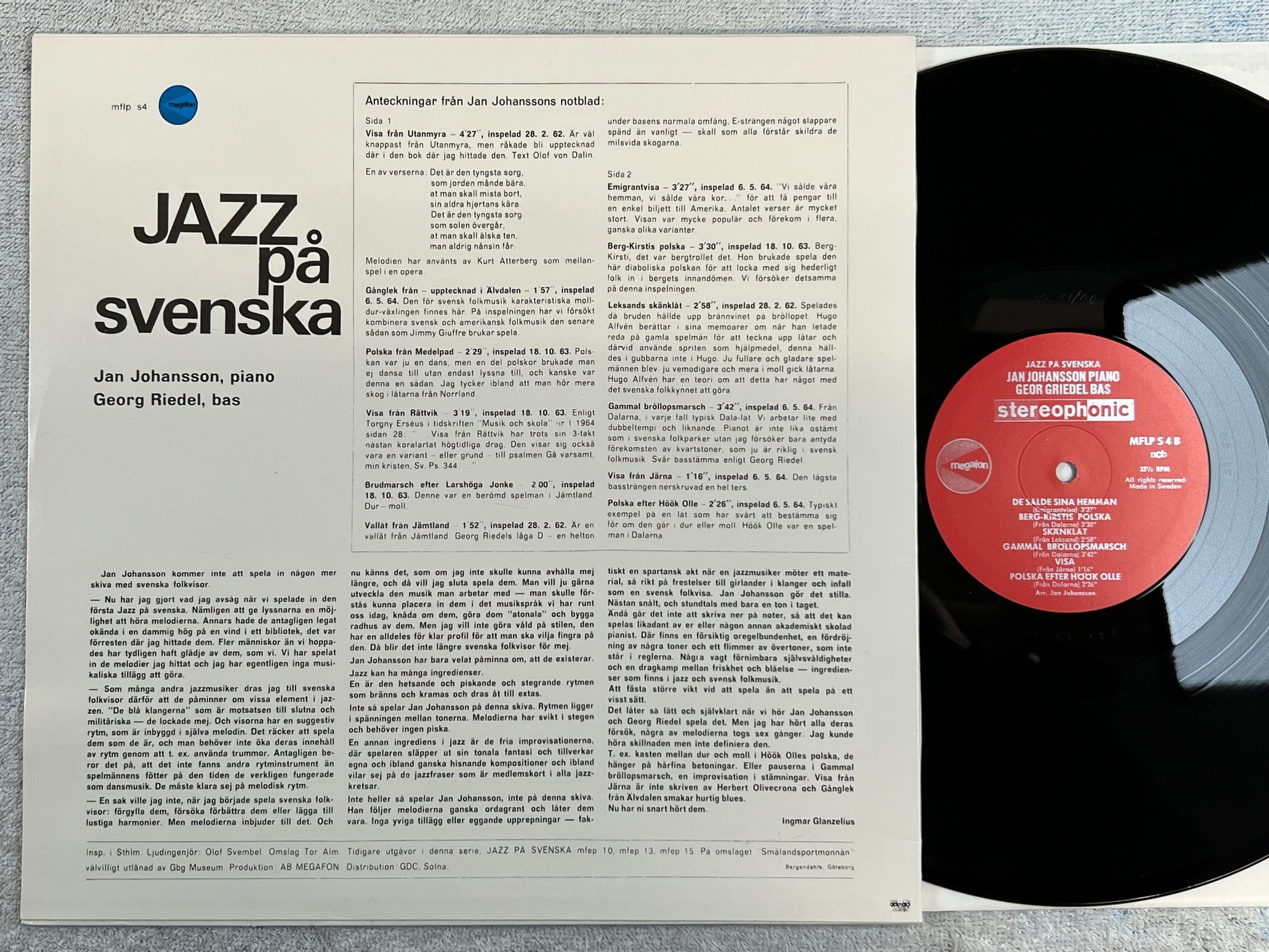 Omslagsbild för skivan JAN JOHANSSON jazz på svenska LP MEGAFON MFLP S4