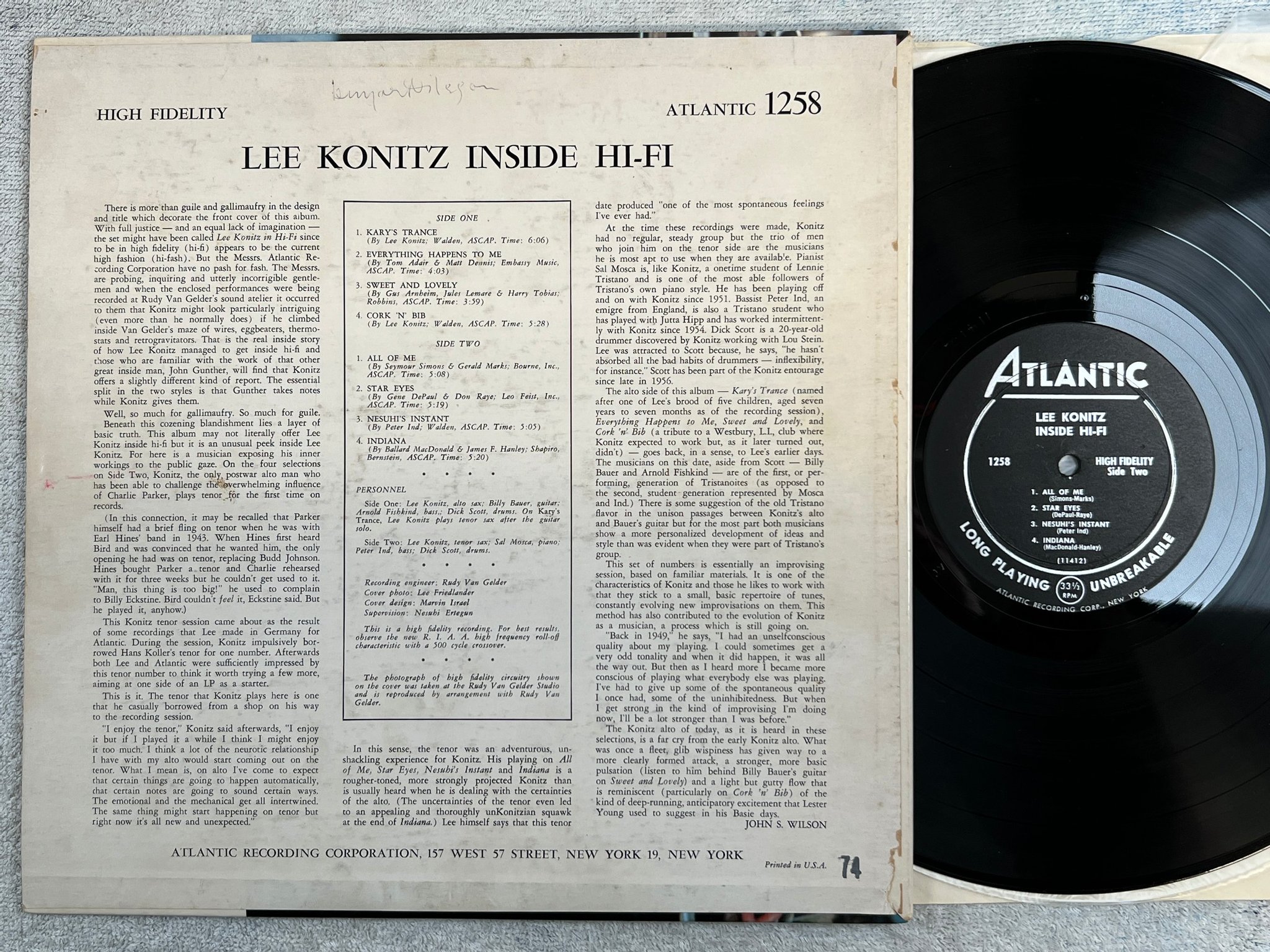 Omslagsbild för skivan LEE KONITZ inside Hi-Fi LP -57 US ATLANTIC 1258 rare!