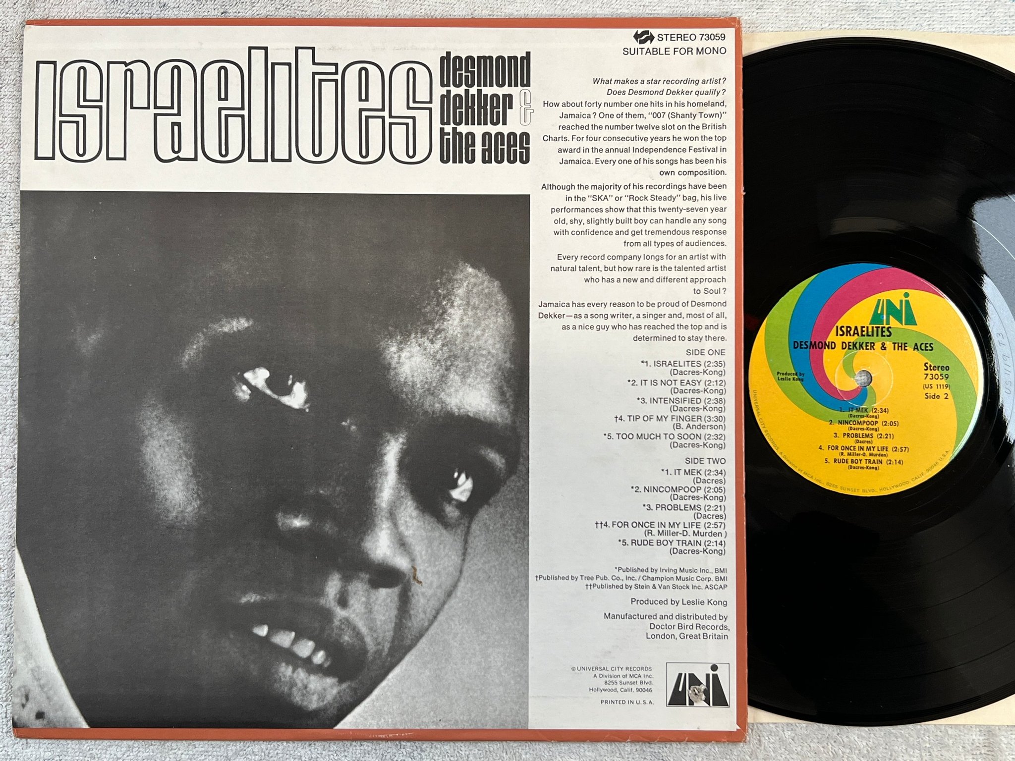 Omslagsbild för skivan DESMOND DEKKER & THE ACES israelites LP -69 US UNI 73059 