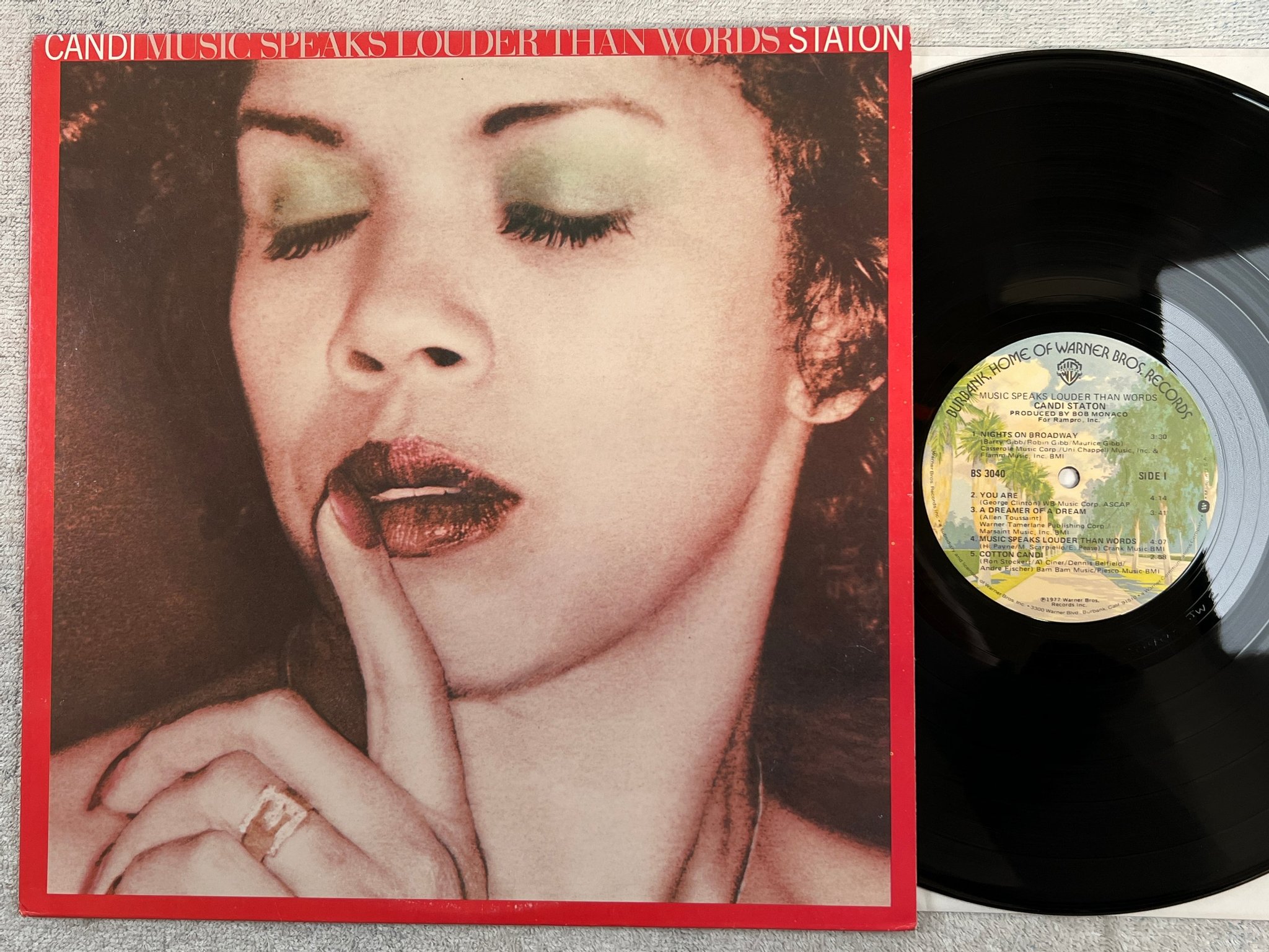 Omslagsbild för skivan CANDI STATON music speaks louder than words LP -77 US WARNER BS 3040