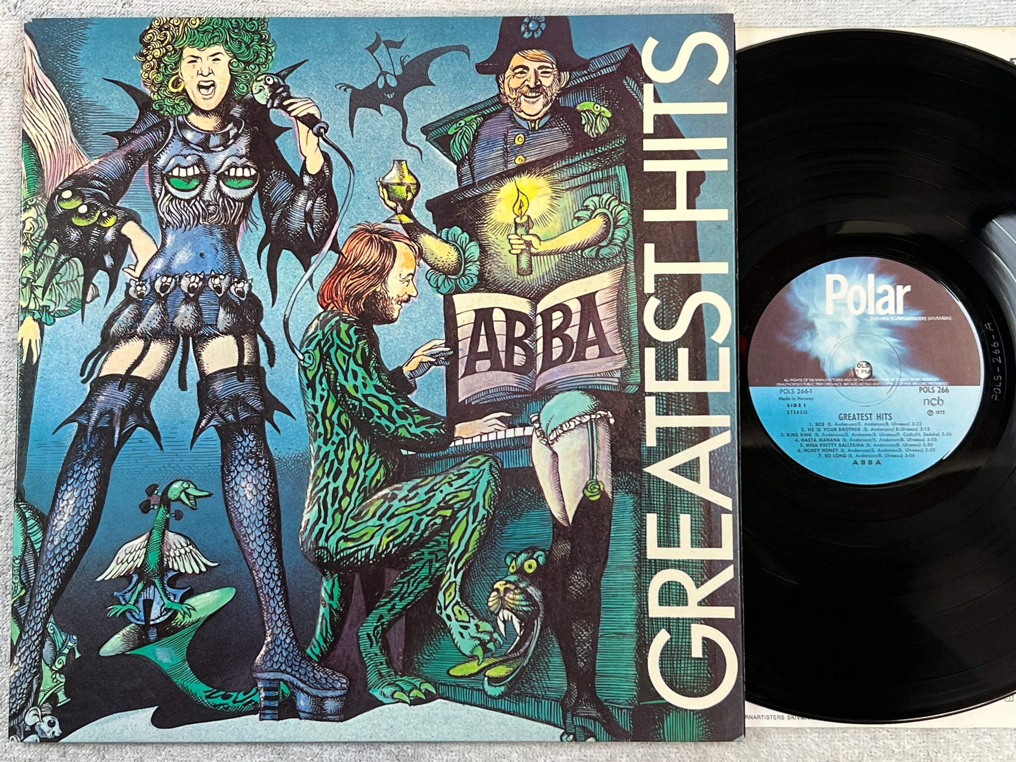 Omslagsbild för skivan ABBA greatest hits LP -75 POLAR POLS 266 Hans Arnold cover art ! ! 