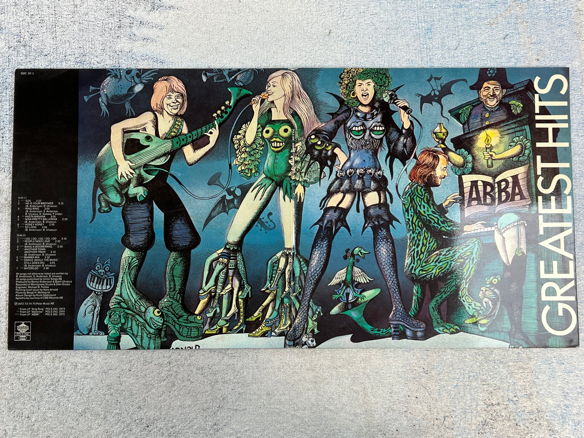 Omslagsbild för skivan ABBA greatest hits LP -75 POLAR POLS 266 Hans Arnold cover art ! ! 