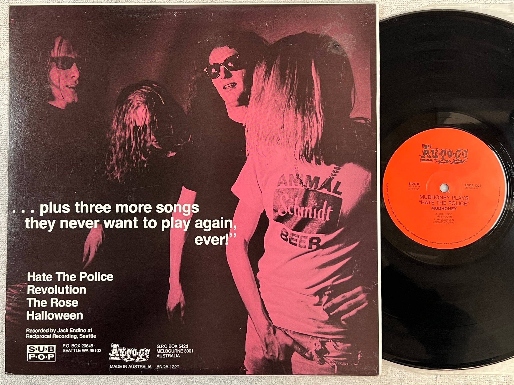 Omslagsbild för skivan MUDHONEY plays hate the police ... 12"ep -90 Australia AU GO GO ANDA 122T grunge