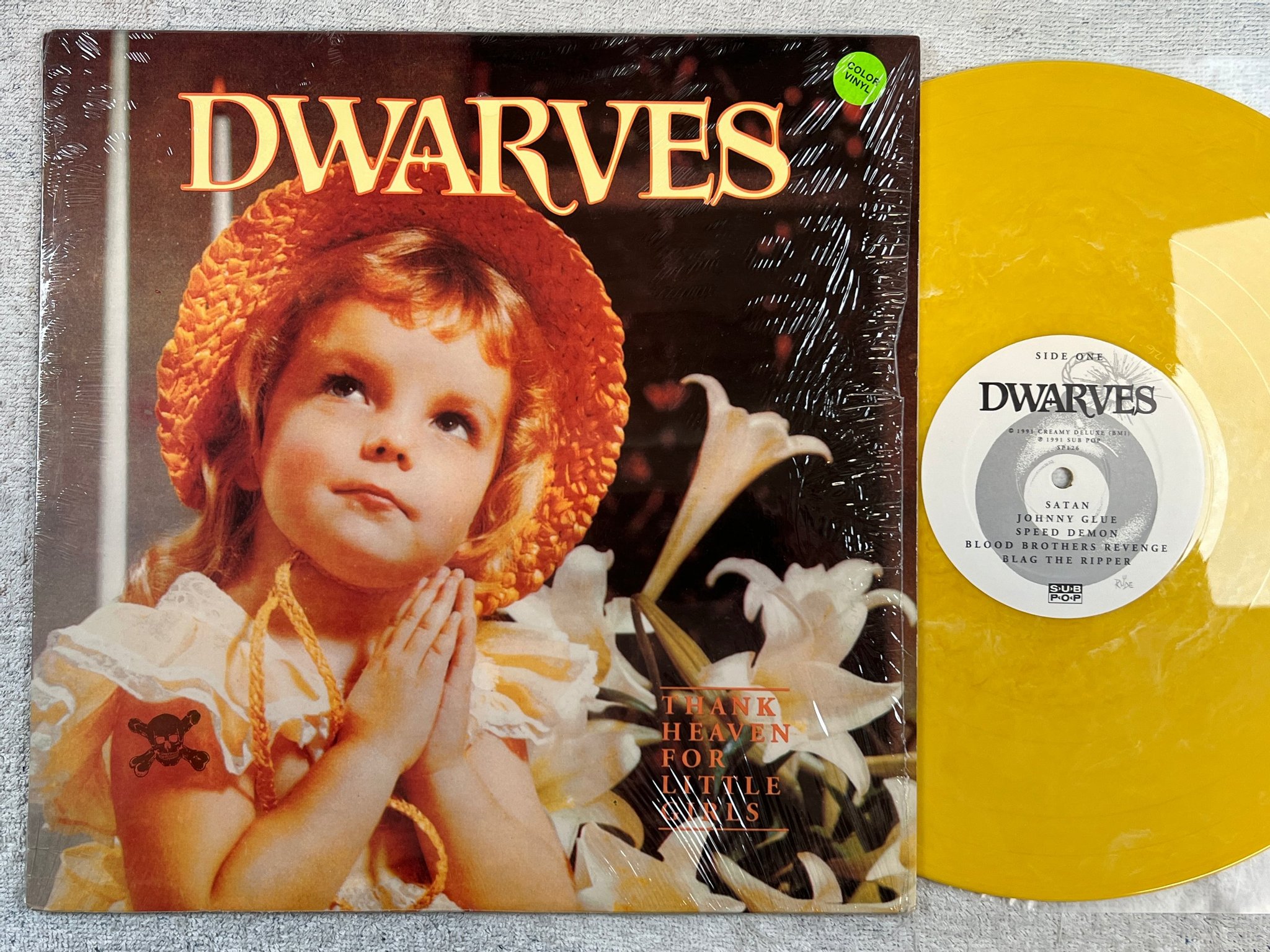 Omslagsbild för skivan DWARVES Thank Heaven For Little Girls LP -91 US SUB POP SP126 yellow vinyl PUNK