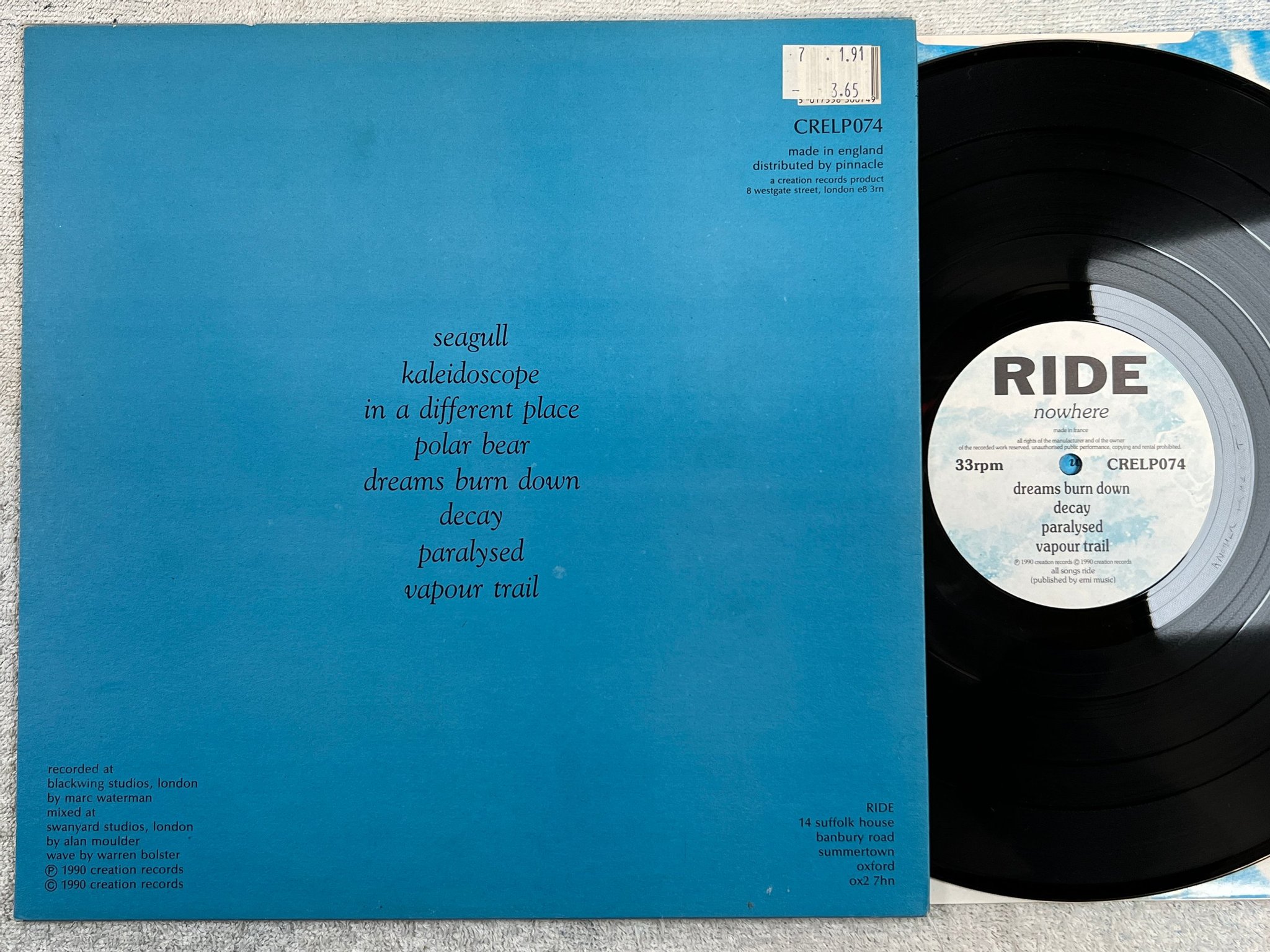 Omslagsbild för skivan RIDE Nowhere LP -90 UK CREATION crelp074 embossed sleeve INDIE ROCK