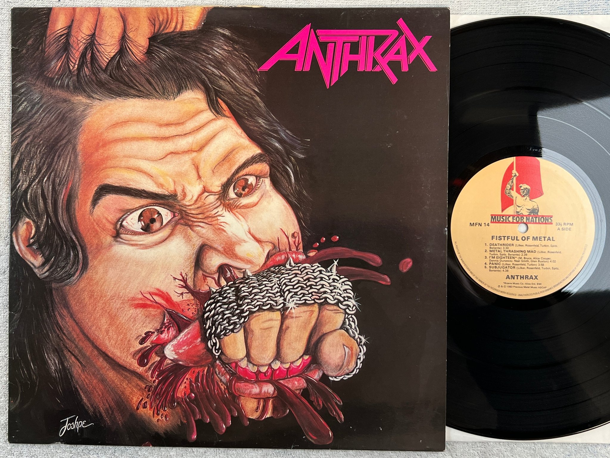 Omslagsbild för skivan ANTHRAX Fistful Of Metal LP -84 UK music for nations mfn 14 speed metal
