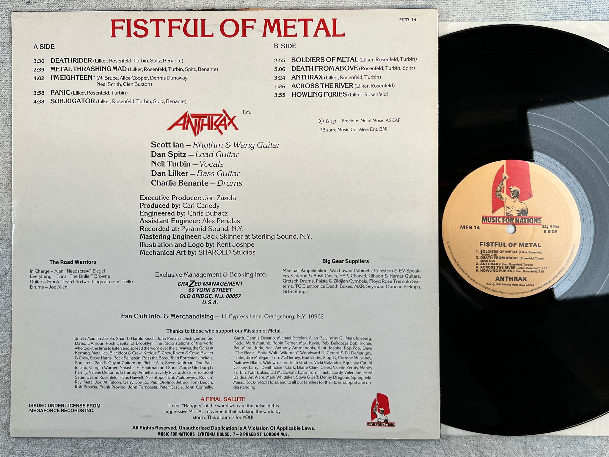 Omslagsbild för skivan ANTHRAX Fistful Of Metal LP -84 UK music for nations mfn 14 speed metal