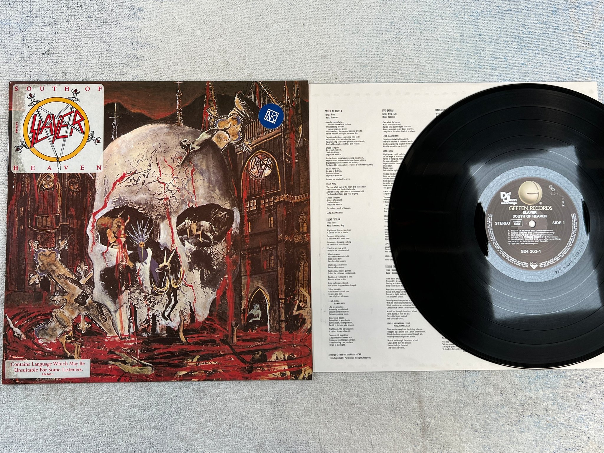 Omslagsbild för skivan SLAYER south of heaven LP -88 Eur GEFFEN / DEF JAM 924 203-1 ** yeah **  