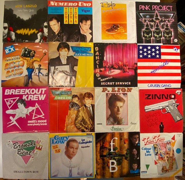 Omslagsbild för skivan 75+ singlar med eurodisco / Italodisco / synth-pop till Nyårsfesten ! ! ! 