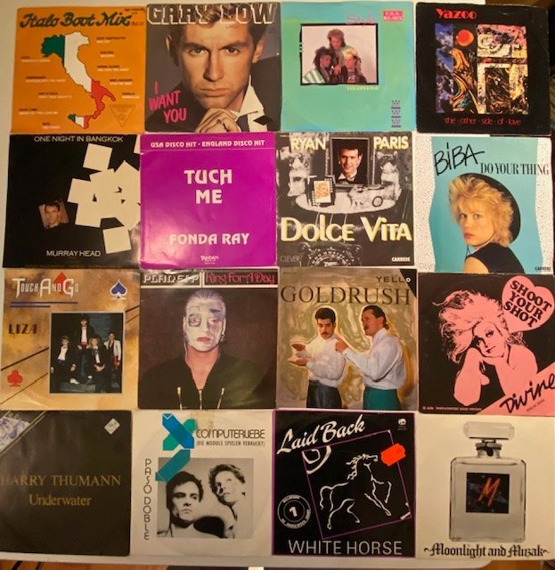 Omslagsbild för skivan 75+ singlar med eurodisco / Italodisco / synth-pop till Nyårsfesten ! ! ! 