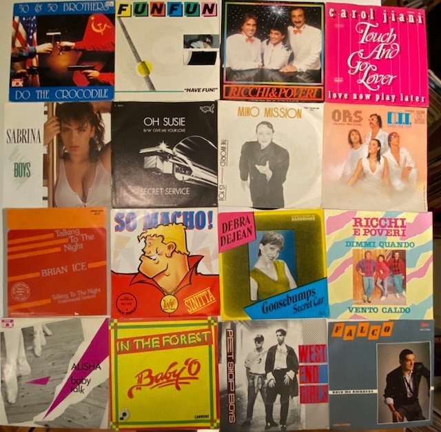 Omslagsbild för skivan 75+ singlar med eurodisco / Italodisco / synth-pop till Nyårsfesten ! ! ! 