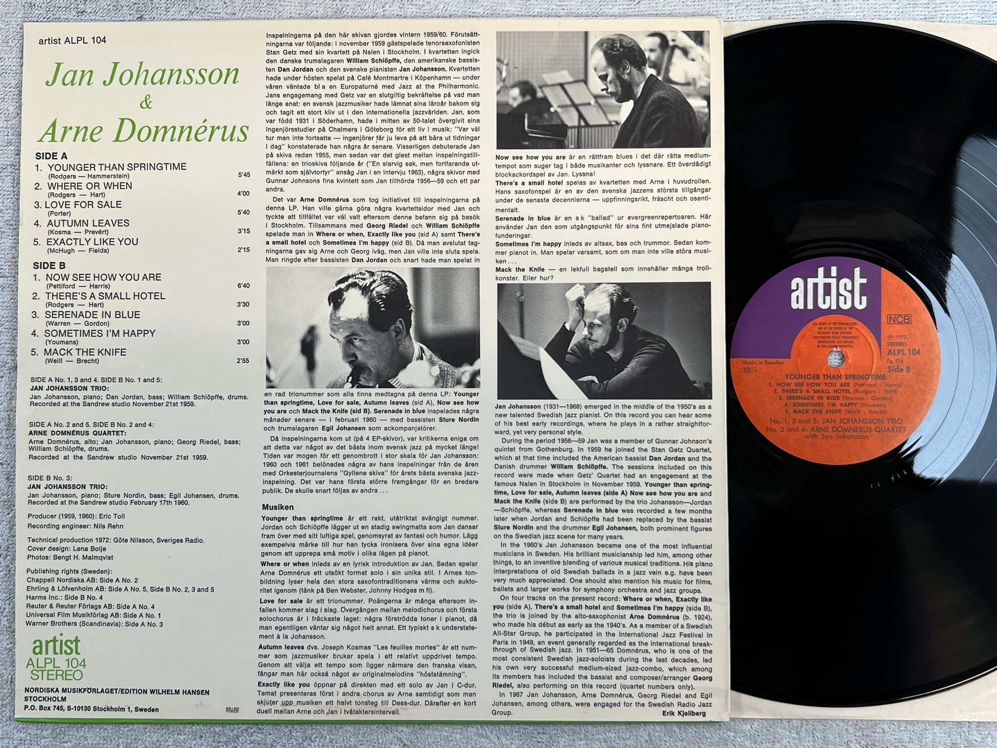 Omslagsbild för skivan JAN JOHANSSON younger than springtime LP -72 ARTIST ALPL 104