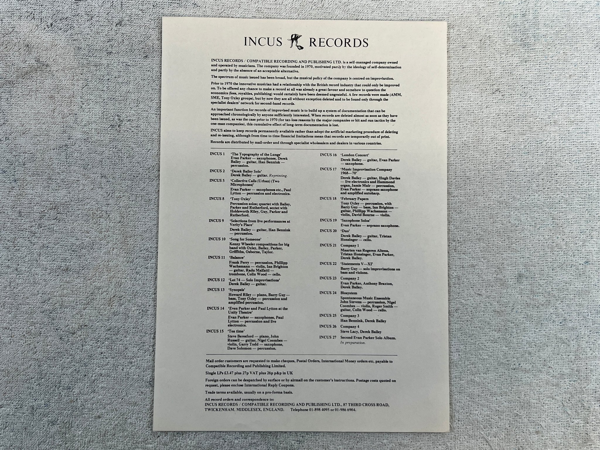 Omslagsbild för skivan Evan Parker Anthony Parker Derek Bailey COMPANY 2 LP -77 UK INCUS 23 free jazz