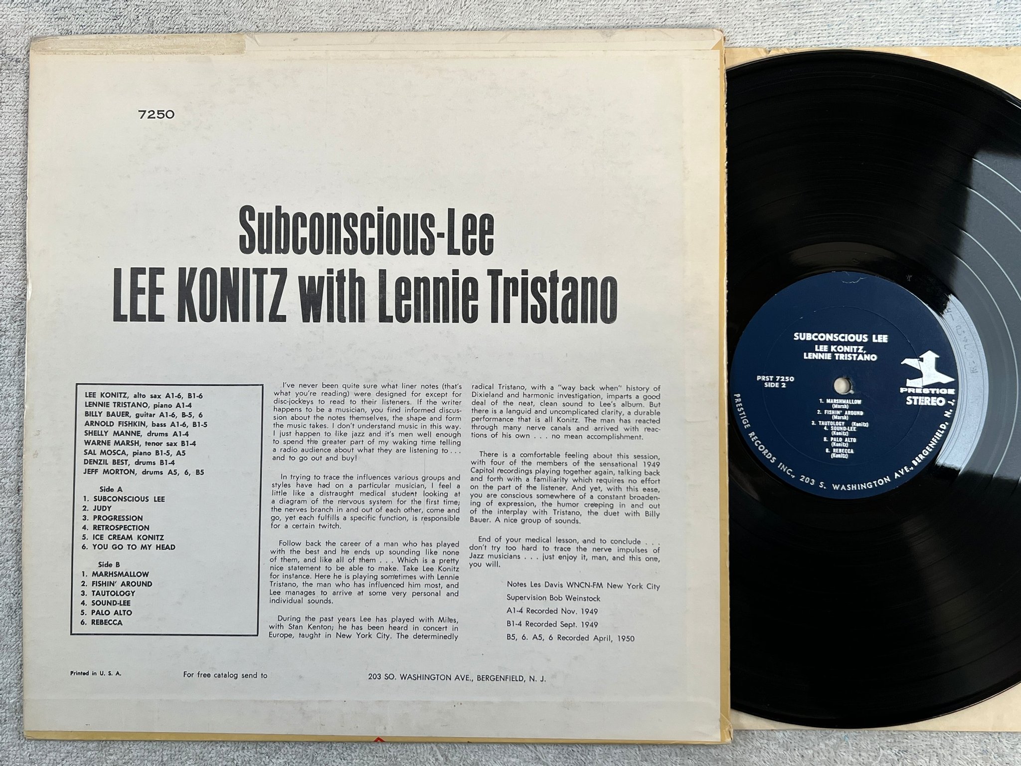 Omslagsbild för skivan LEE KONITZ Subconscious-Lee LP -55/64 us PRESTIGE PRST 7250