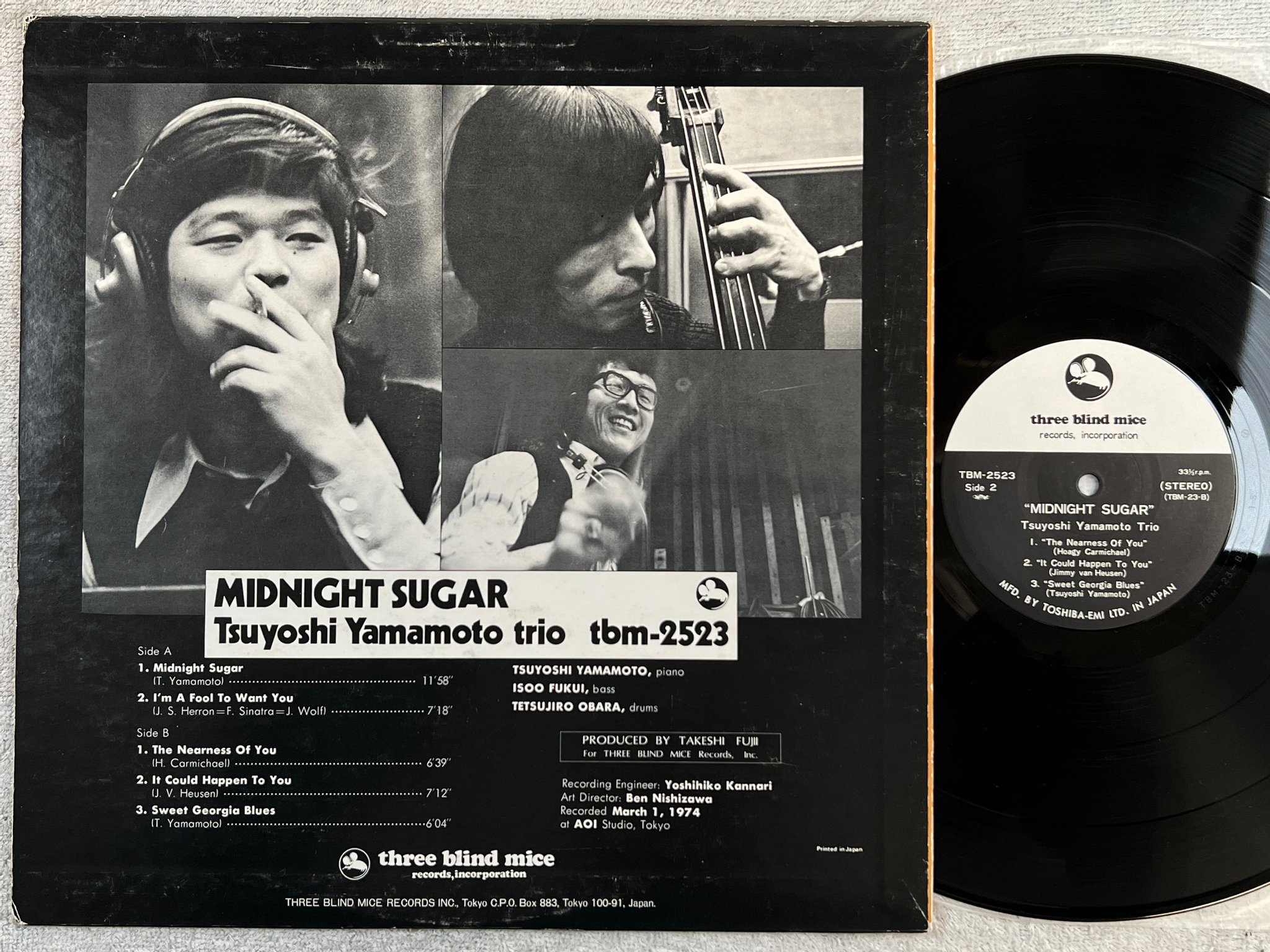Omslagsbild för skivan TSUYOSHI YAMAMOTO TRIO midnight sugar LP -74 Japan THREE BLIND MICE TBM-23