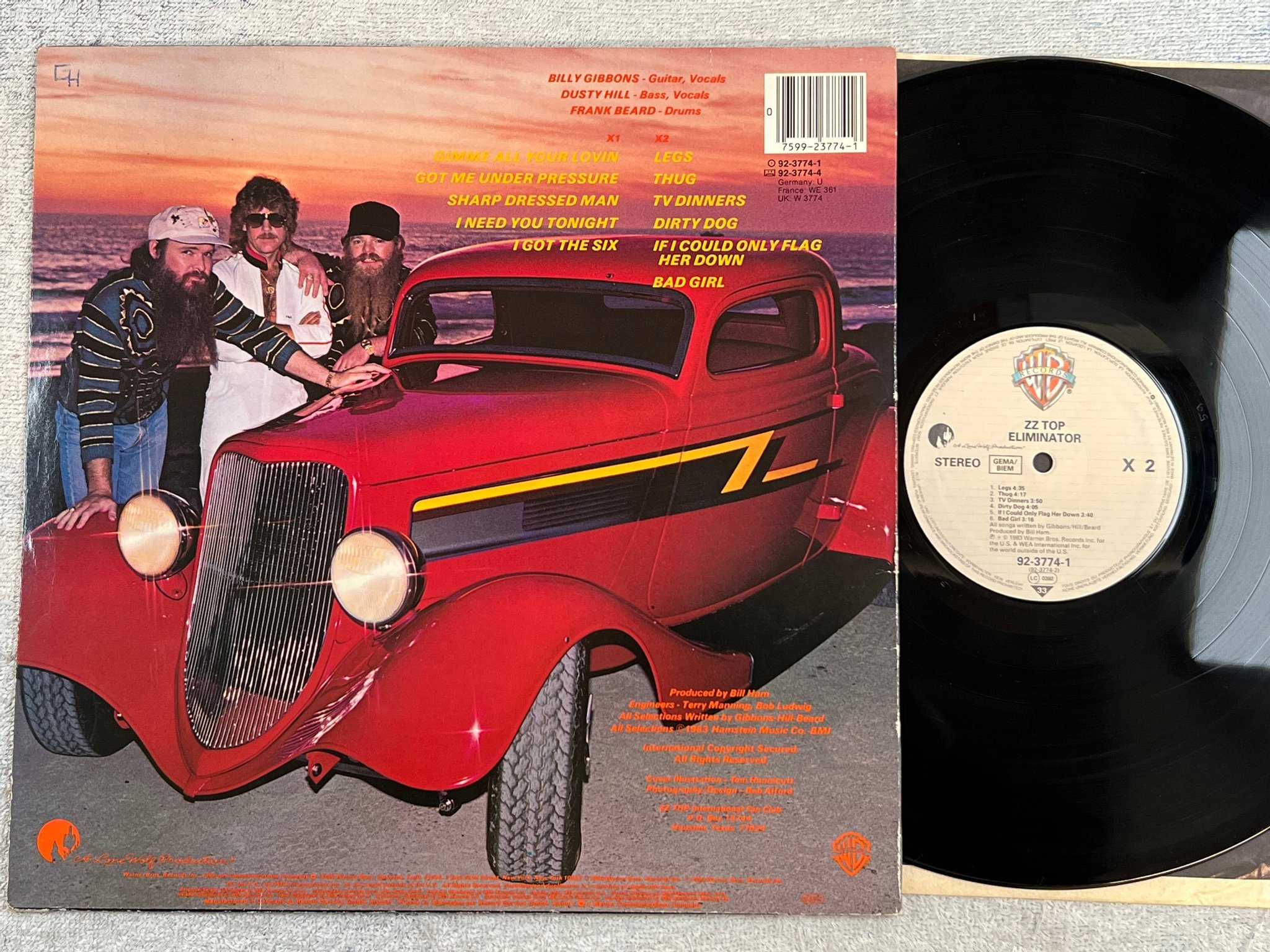 Omslagsbild för skivan ZZ TOP eliminator LP -83 Ger WARNER BROS 92-3774-1