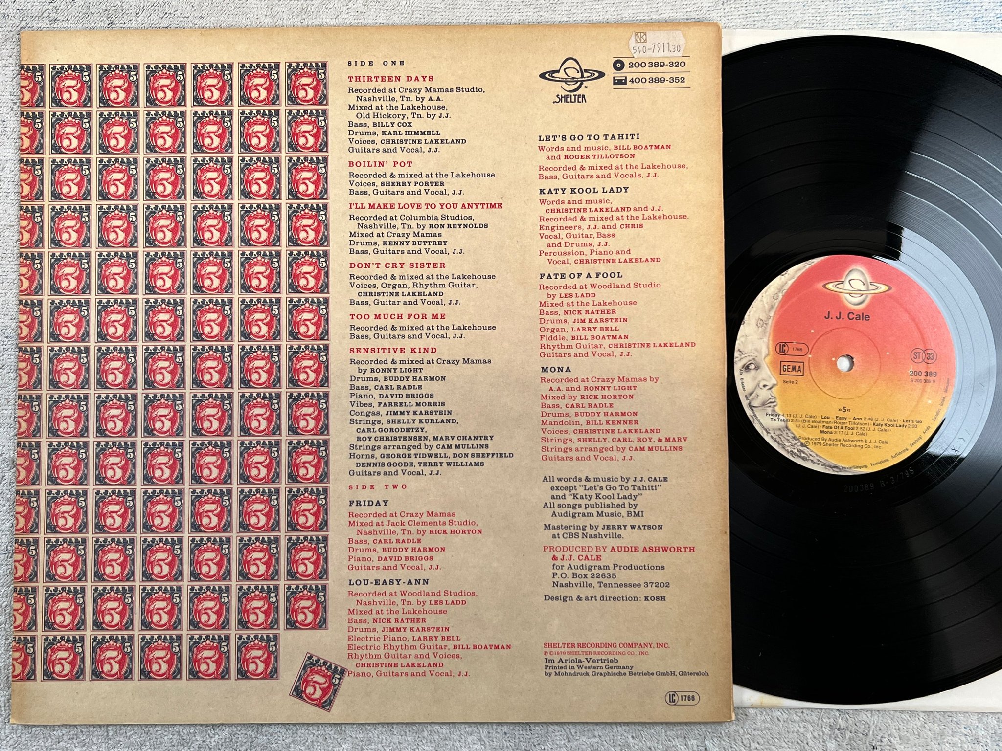 Omslagsbild för skivan J.J. CALE 5 LP -79 Ger SHELTER 200389