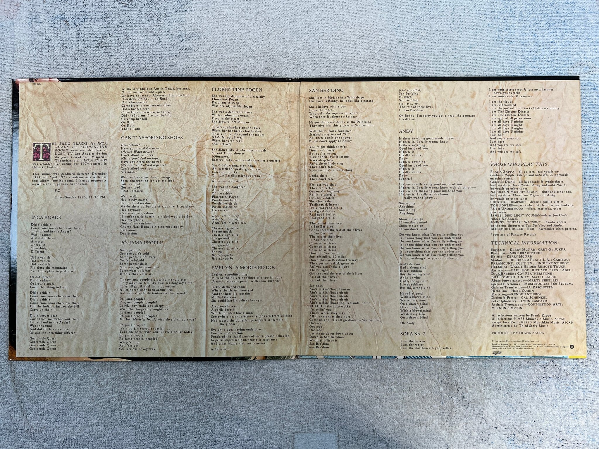 Omslagsbild för skivan FRANK ZAPPA one size fits all LP -75 US REPRISE DS 2216