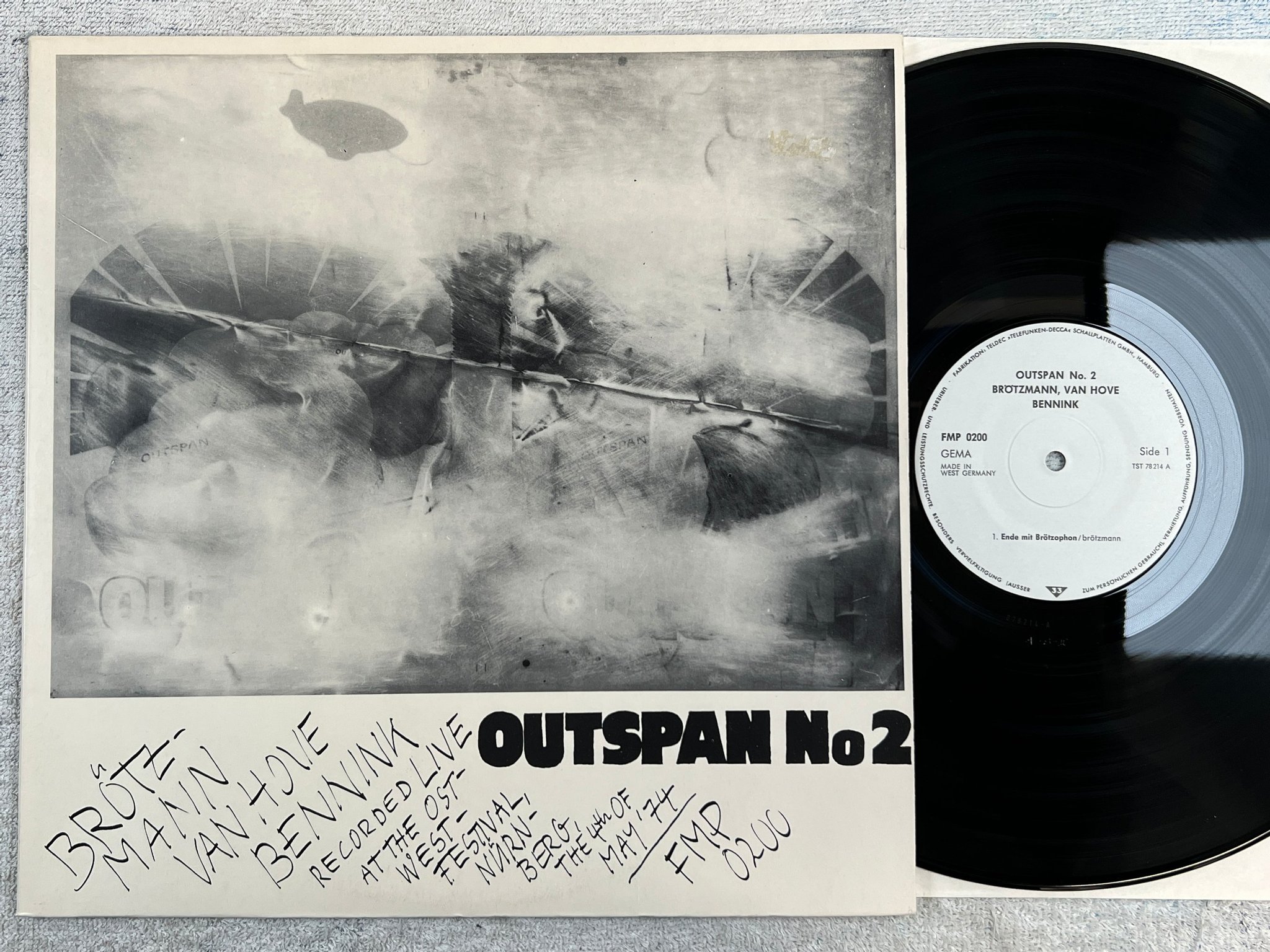Omslagsbild för skivan BRÖTZMANN / VAN HOVE / BENNINK outspan No 2  LP -75 Ger FMP 0200 free jazz