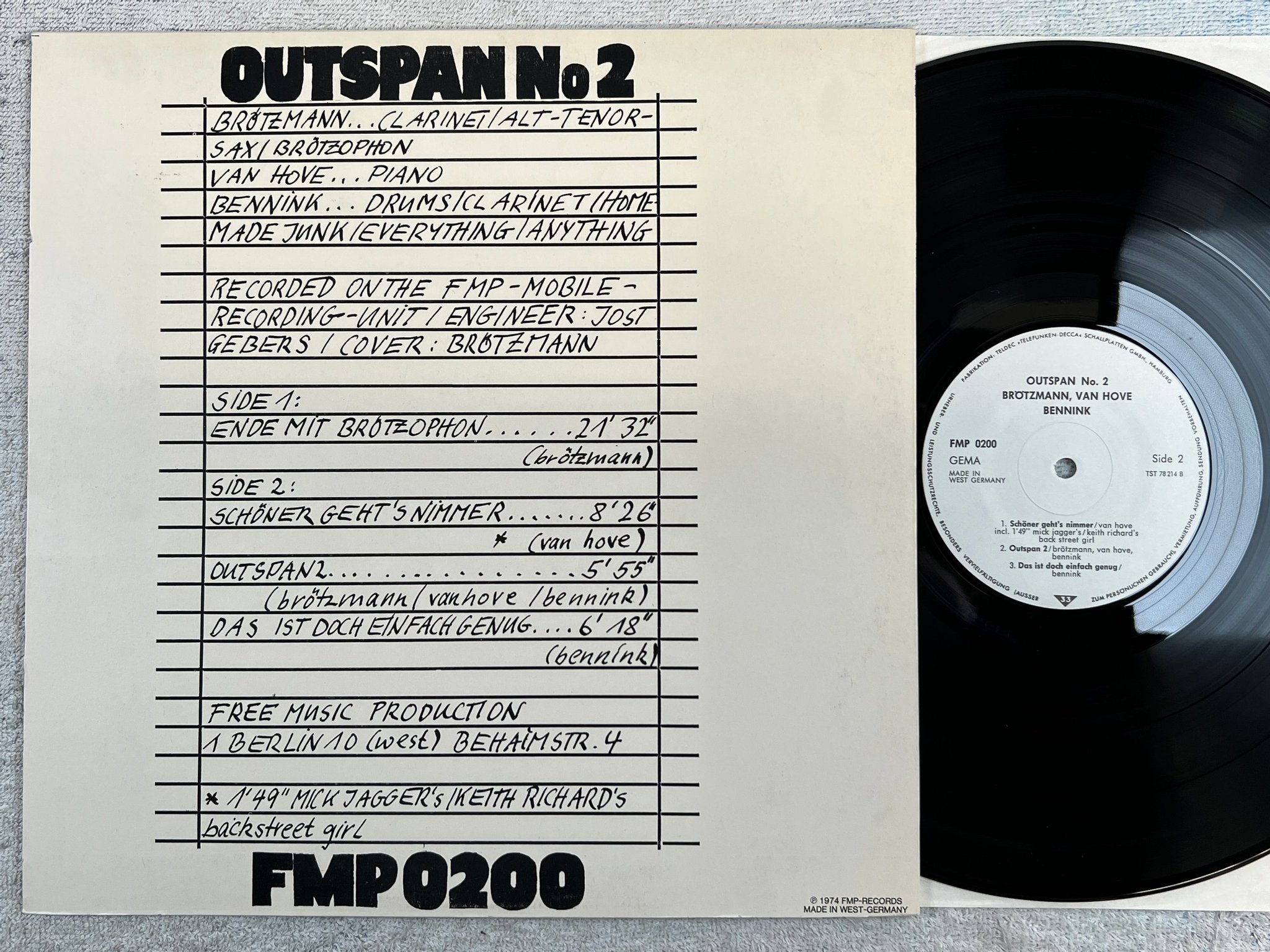 Omslagsbild för skivan BRÖTZMANN / VAN HOVE / BENNINK outspan No 2  LP -75 Ger FMP 0200 free jazz
