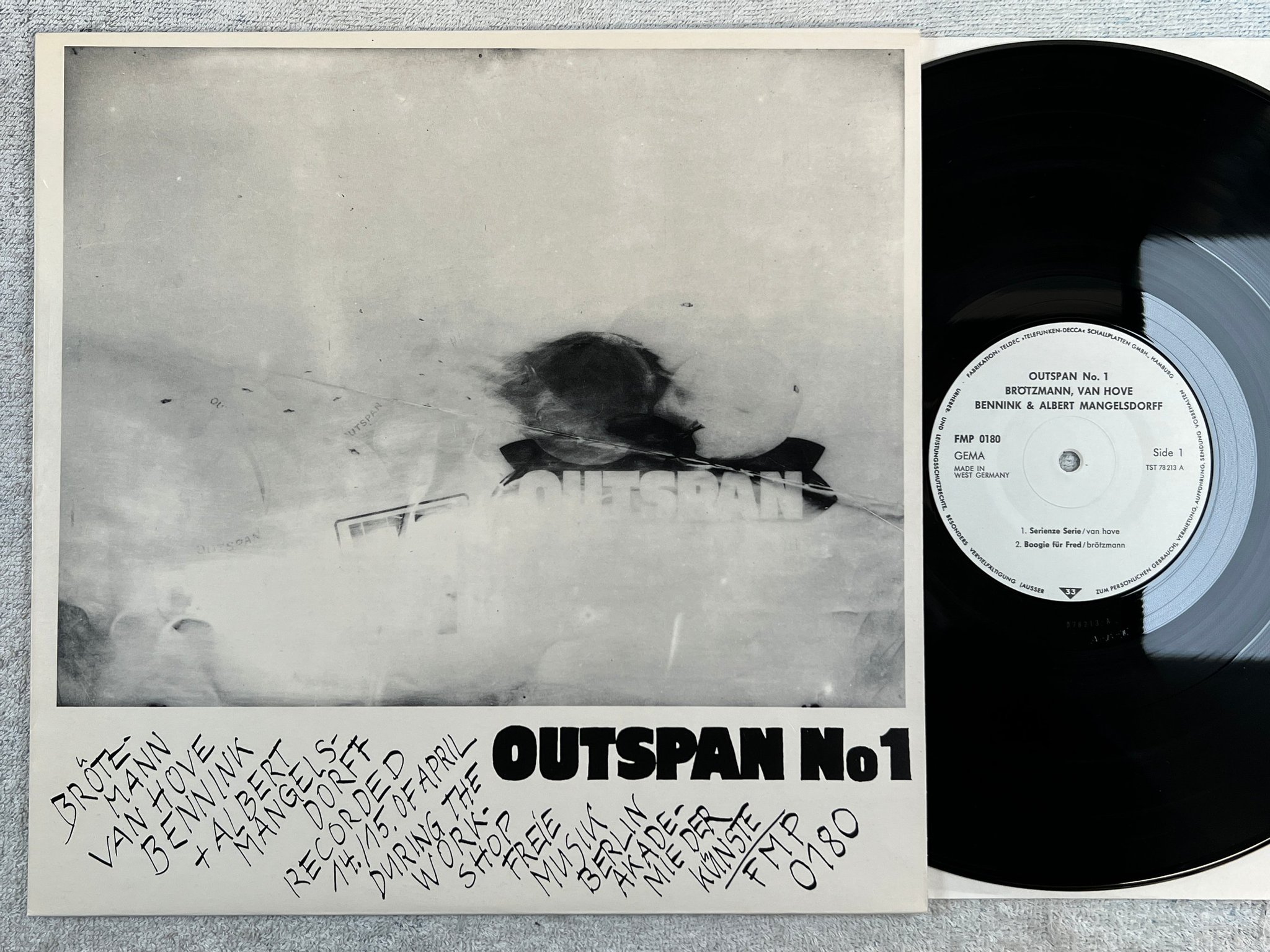 Omslagsbild för skivan BRÖTZMANN / VAN HOVE / BENNINK outspan No 1  LP -75 Ger FMP 0180 free jazz