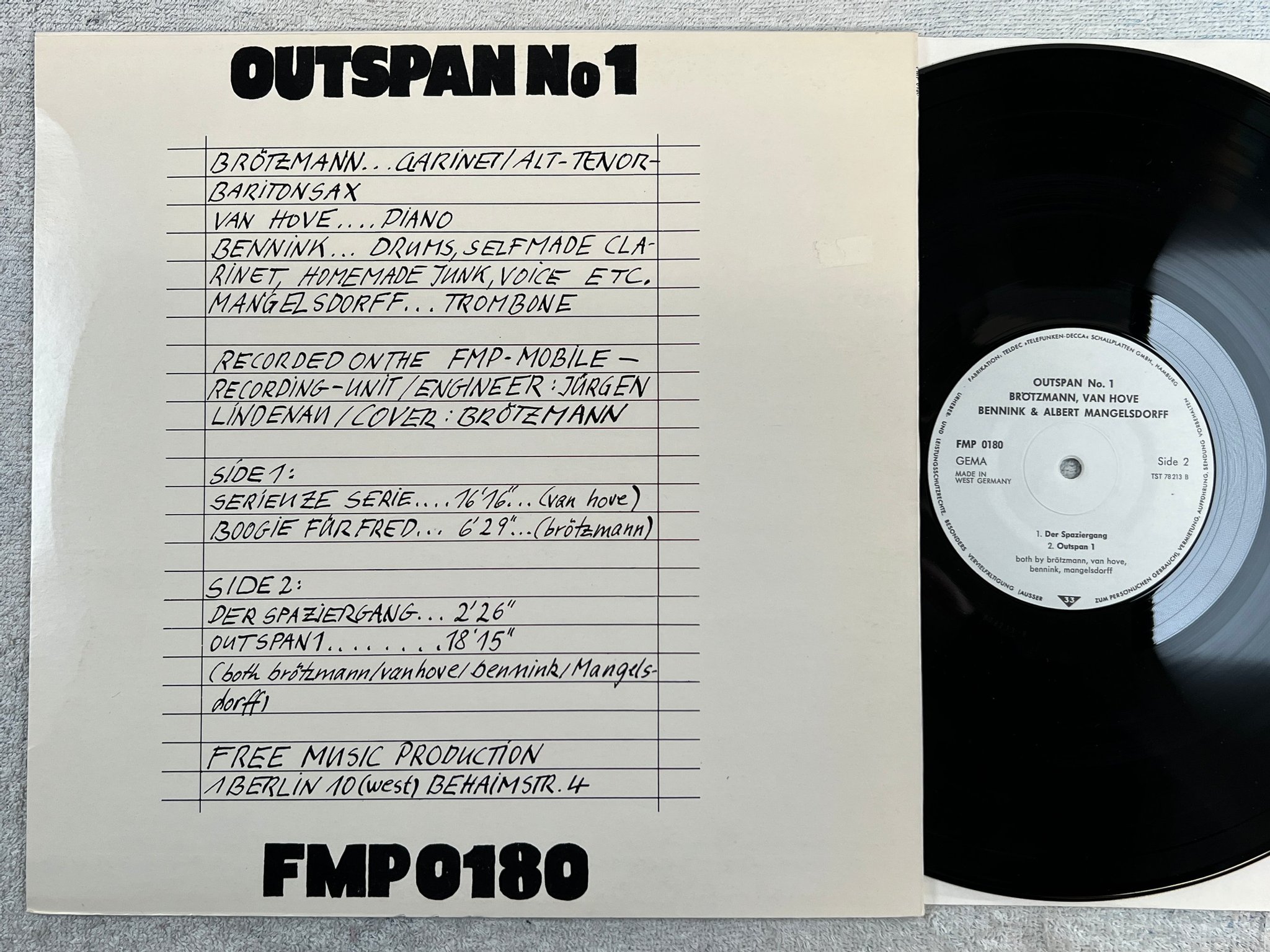 Omslagsbild för skivan BRÖTZMANN / VAN HOVE / BENNINK outspan No 1  LP -75 Ger FMP 0180 free jazz