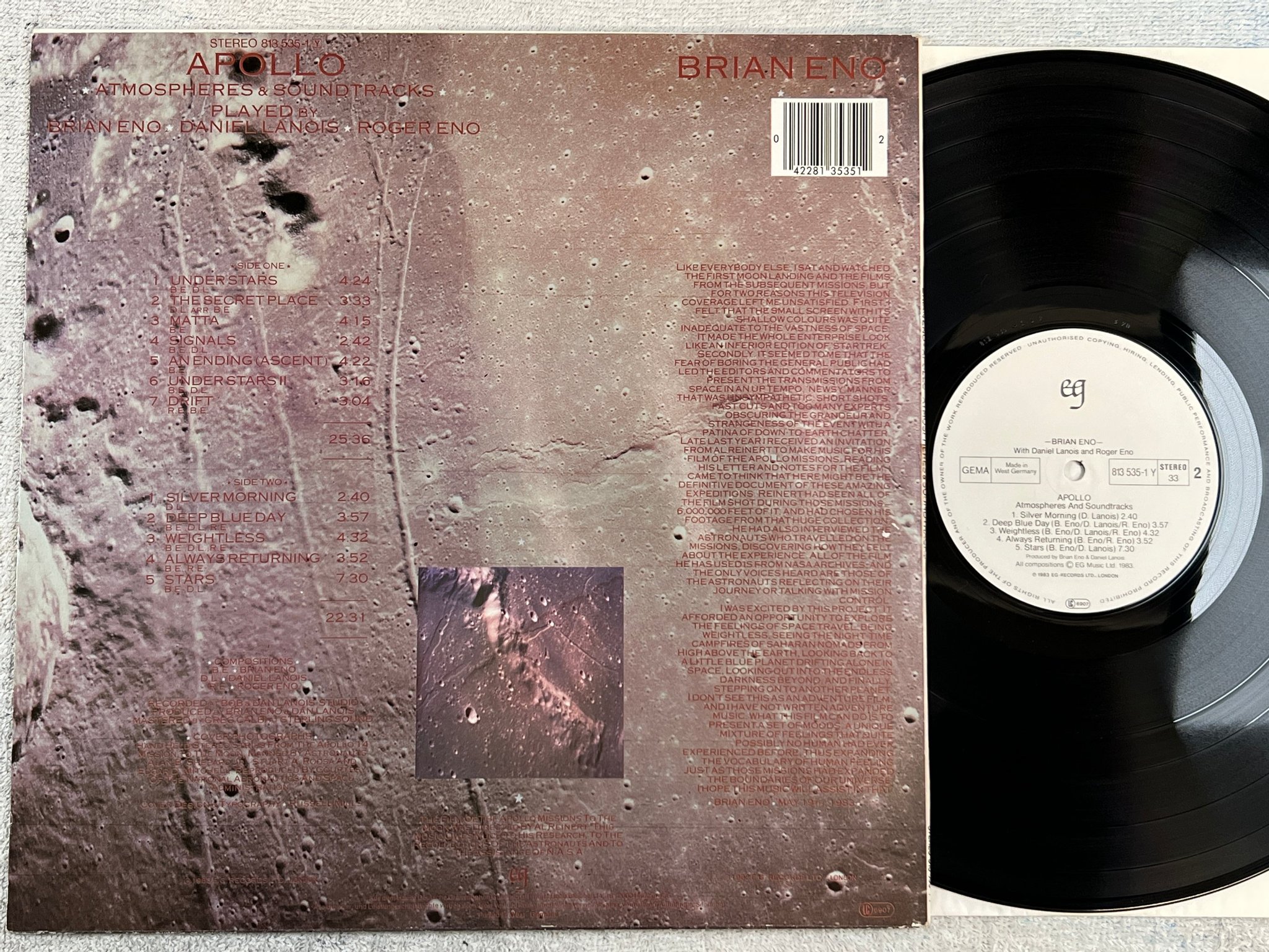 Omslagsbild för skivan BRIAN ENO Apollo LP -83 Ger EG 813535-1 Y Electronic/ Ambient