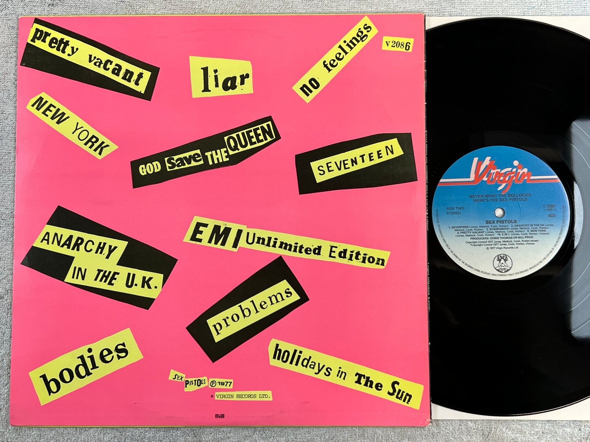 Omslagsbild för skivan SEX PISTOLS never mind the bollocks LP -77 ncb VIRGIN V2086 ***yeah***