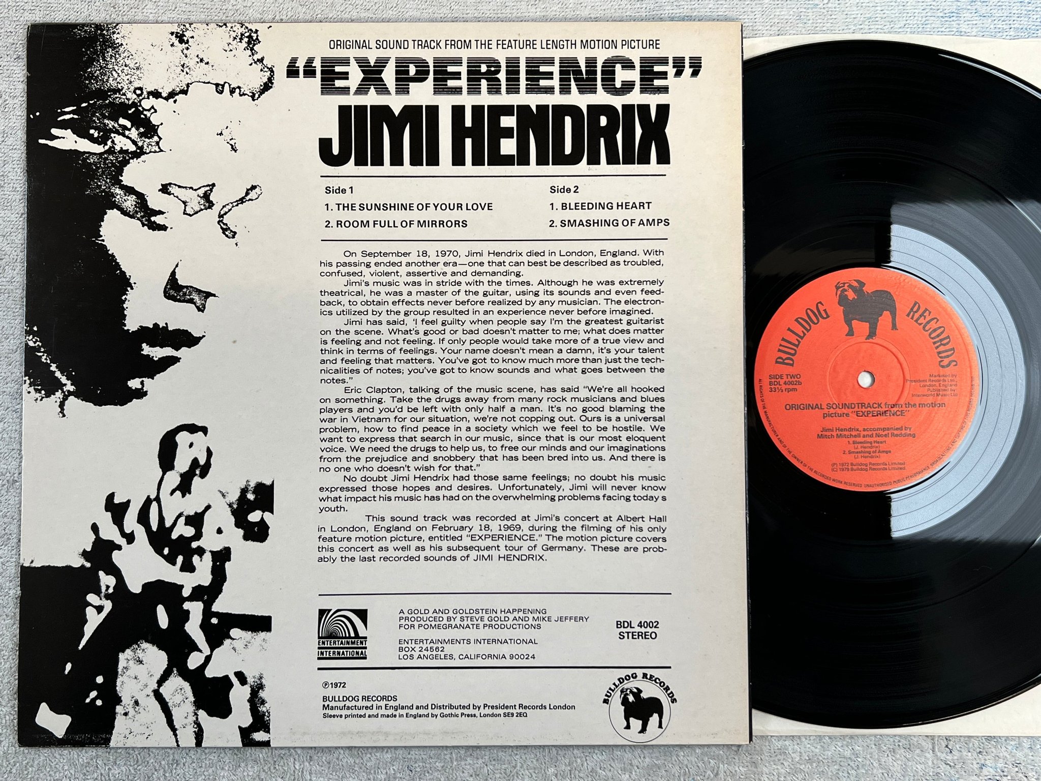 Omslagsbild för skivan JIMI HENDRIX soundtrack "experience" LP UK BULLDOG BDL 4002