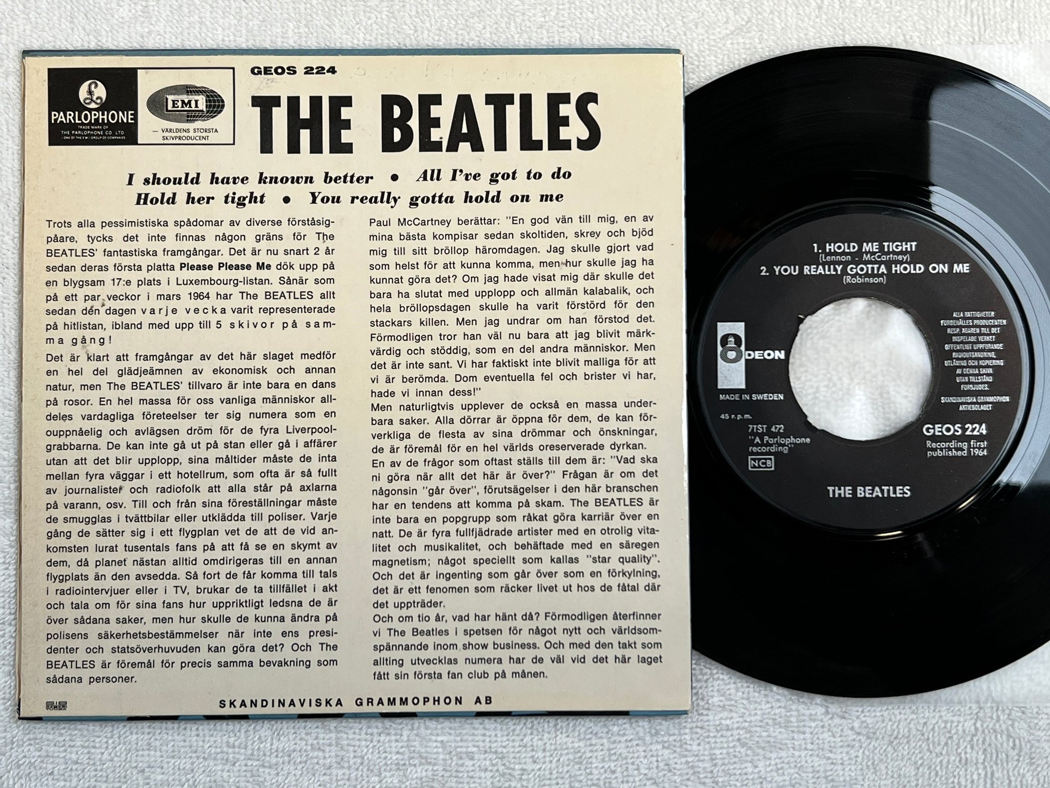 Omslagsbild för skivan THE BEATLES i should have known better 7"single -64 GEOS 224