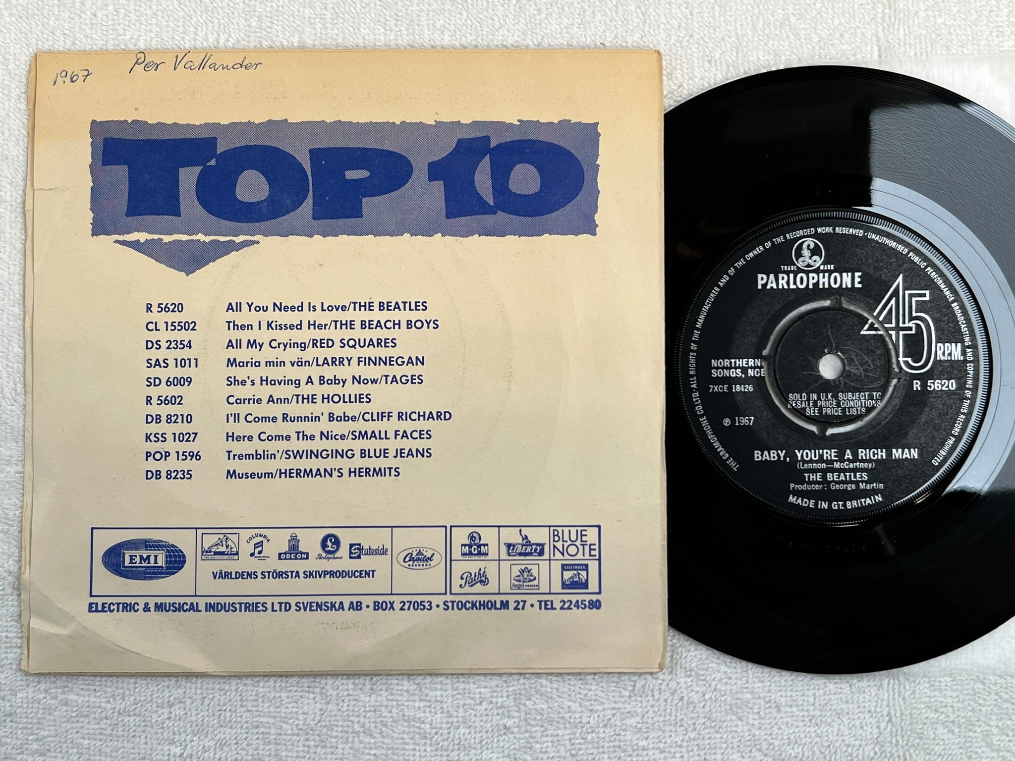 Omslagsbild för skivan THE BEATLES all you need is love 7"single -67 PARLOPHONE R 5620