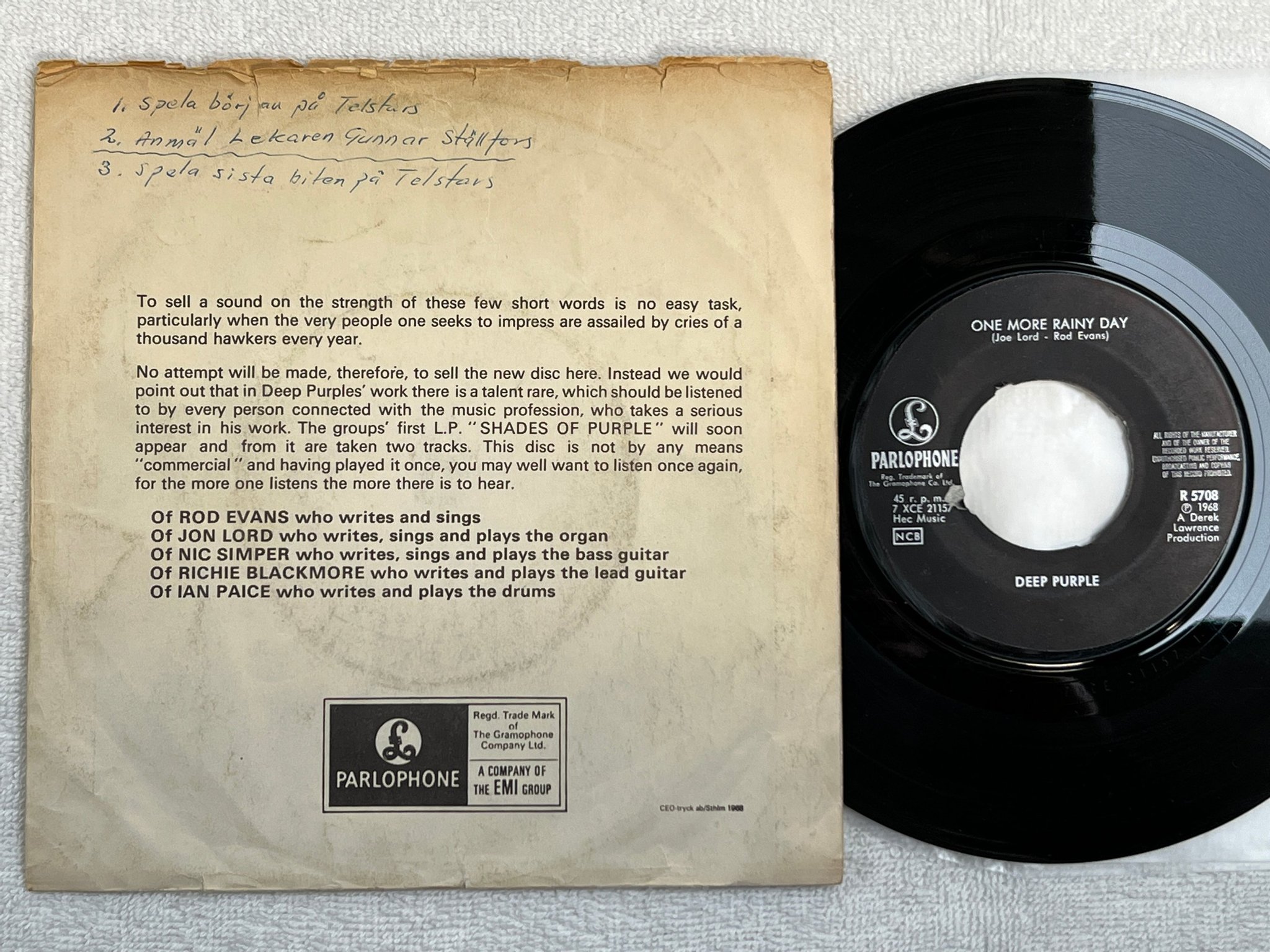 Omslagsbild för skivan DEEP PURPLE hush 7"single -68 PARLOPHONE R 5708