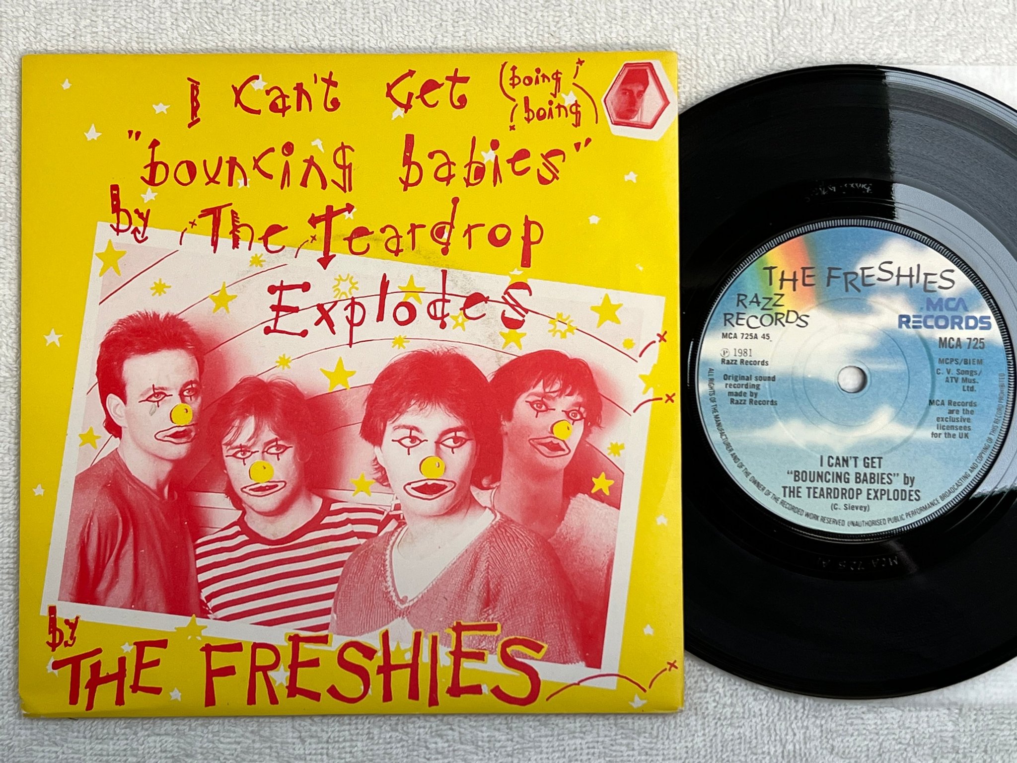 Omslagsbild för skivan THE FRESHIES i cant get "bouncing babies" by the teardrop explodes 7"single -81 