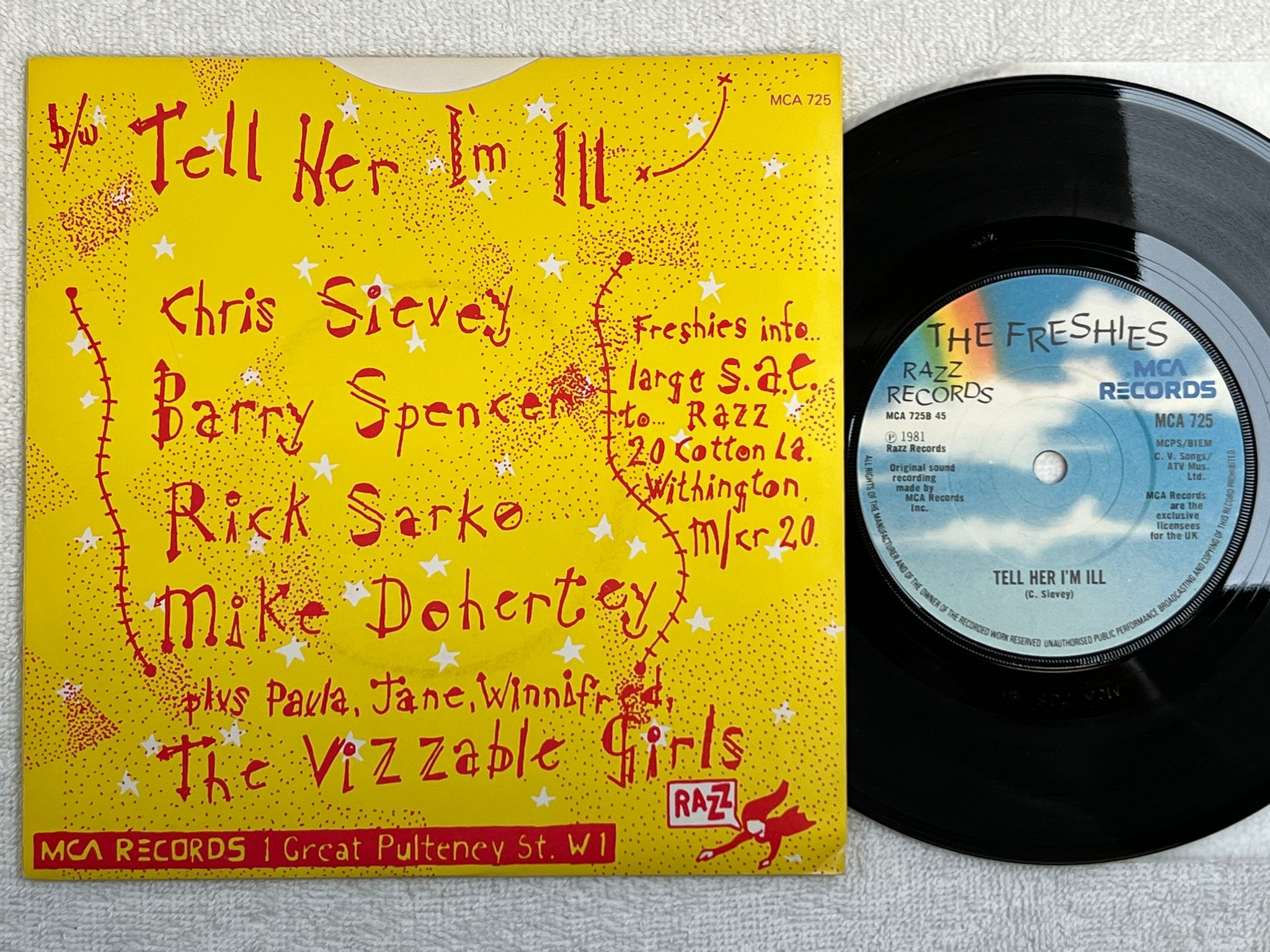 Omslagsbild för skivan THE FRESHIES i cant get "bouncing babies" by the teardrop explodes 7"single -81 