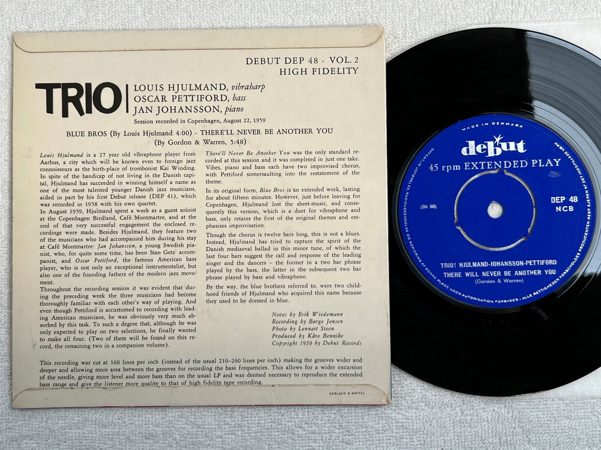 Omslagsbild för skivan Louis hjulmand / Pettiford / Johansson-  blue bros 7"single DEBUT DEP 48 rare !!