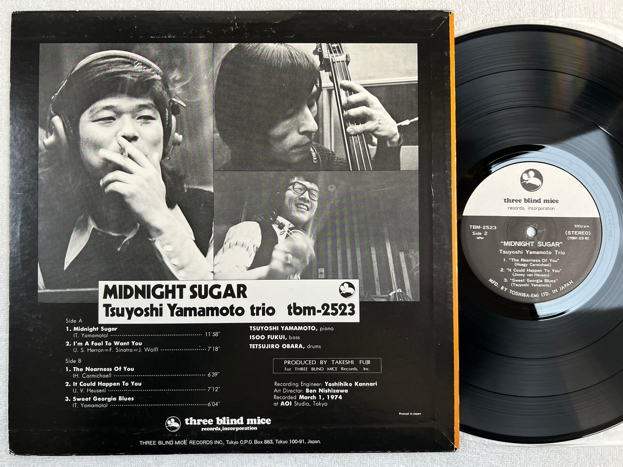Omslagsbild för skivan TSUYOSHI YAMAMOTO TRIO midnight sugar LP -74 Japan THREE BLIND MICE TBM-23