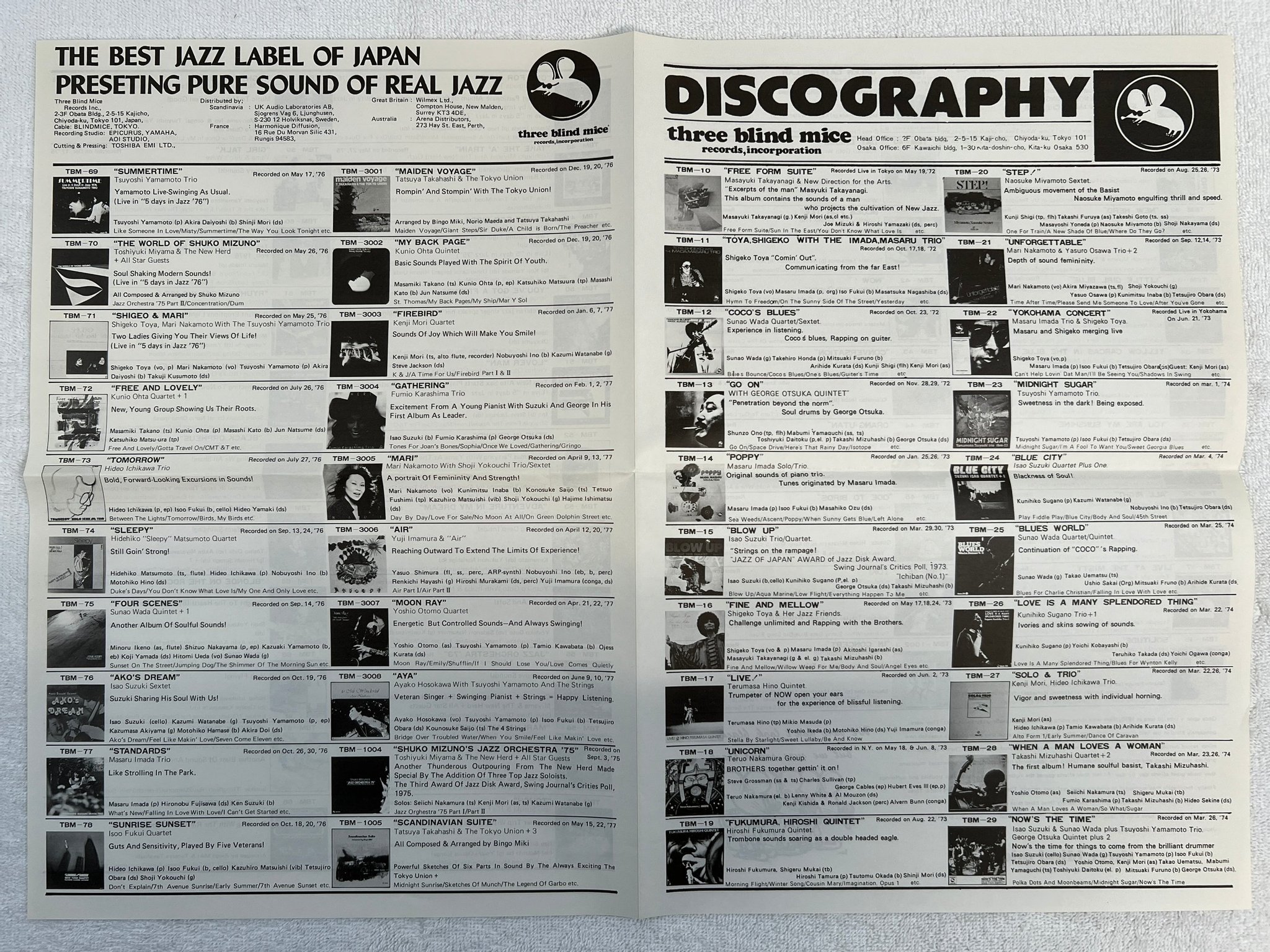 Omslagsbild för skivan TSUYOSHI YAMAMOTO TRIO midnight sugar LP -74 Japan THREE BLIND MICE TBM-23