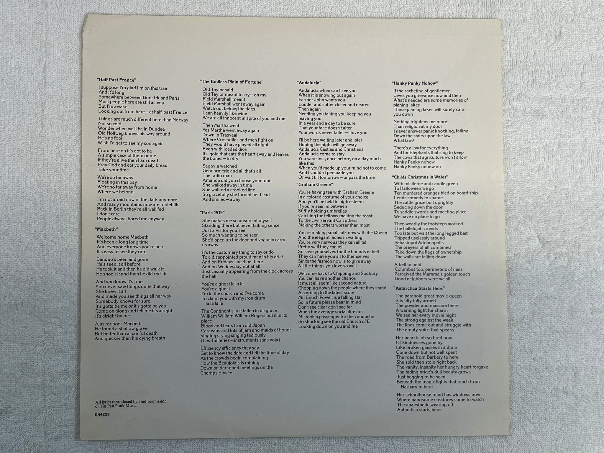 Omslagsbild för skivan JOHN CALE  paris 1919 LP -73 UK REPRISE K 44239