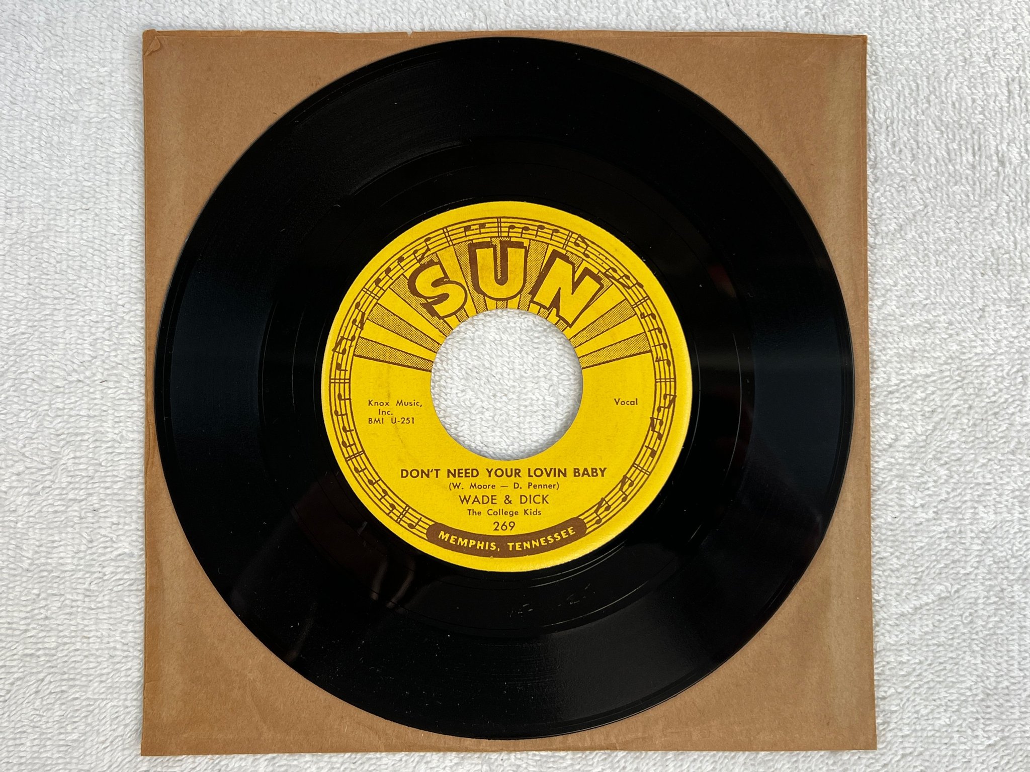 Omslagsbild för skivan WADE & DICK Bop Bop Baby 7"single -57 US SUN 269 rockabilly