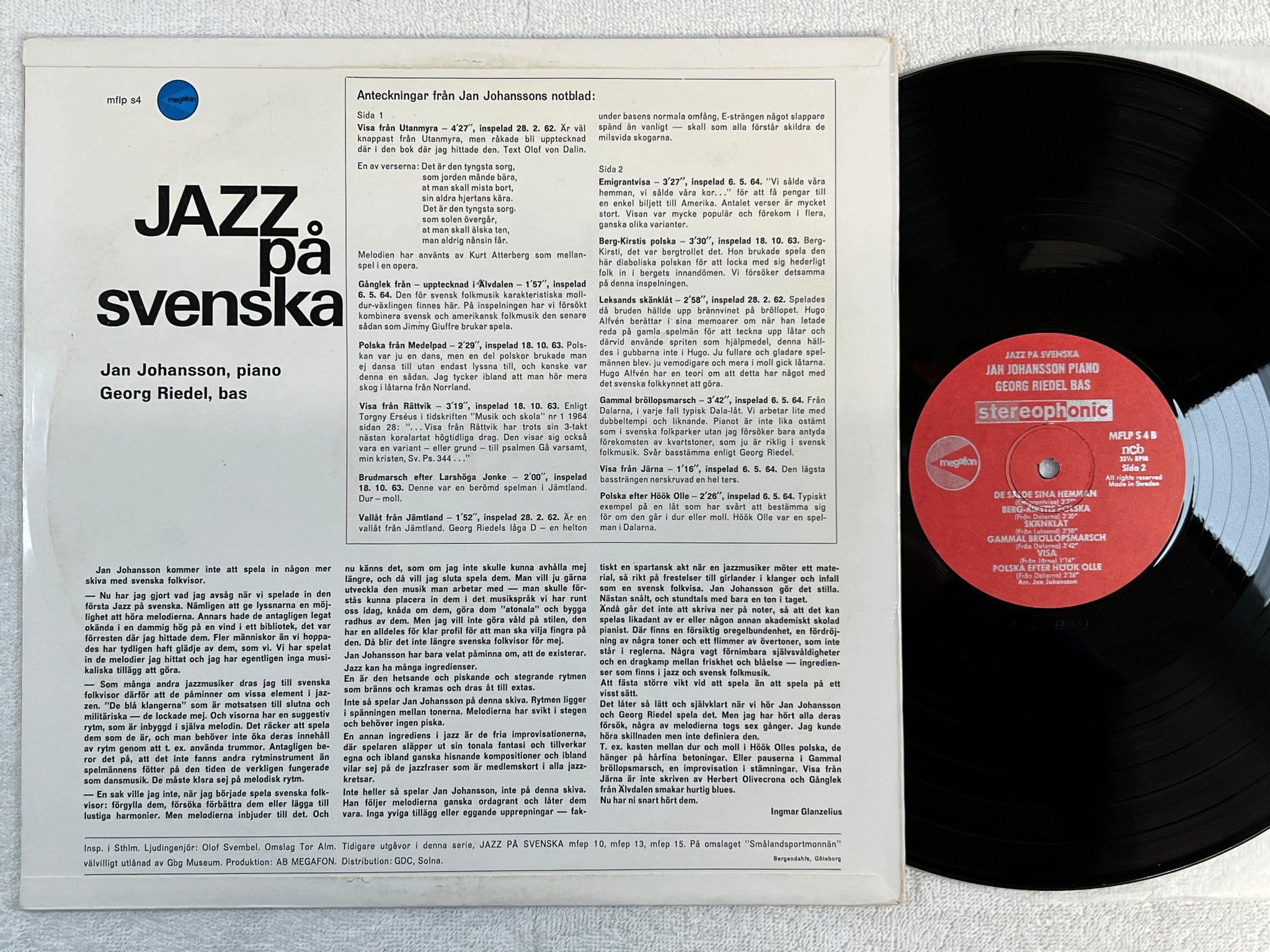 Omslagsbild för skivan JAN JOHANSSON jazz på svenska LP Swe MEGAFON MFLP S 4