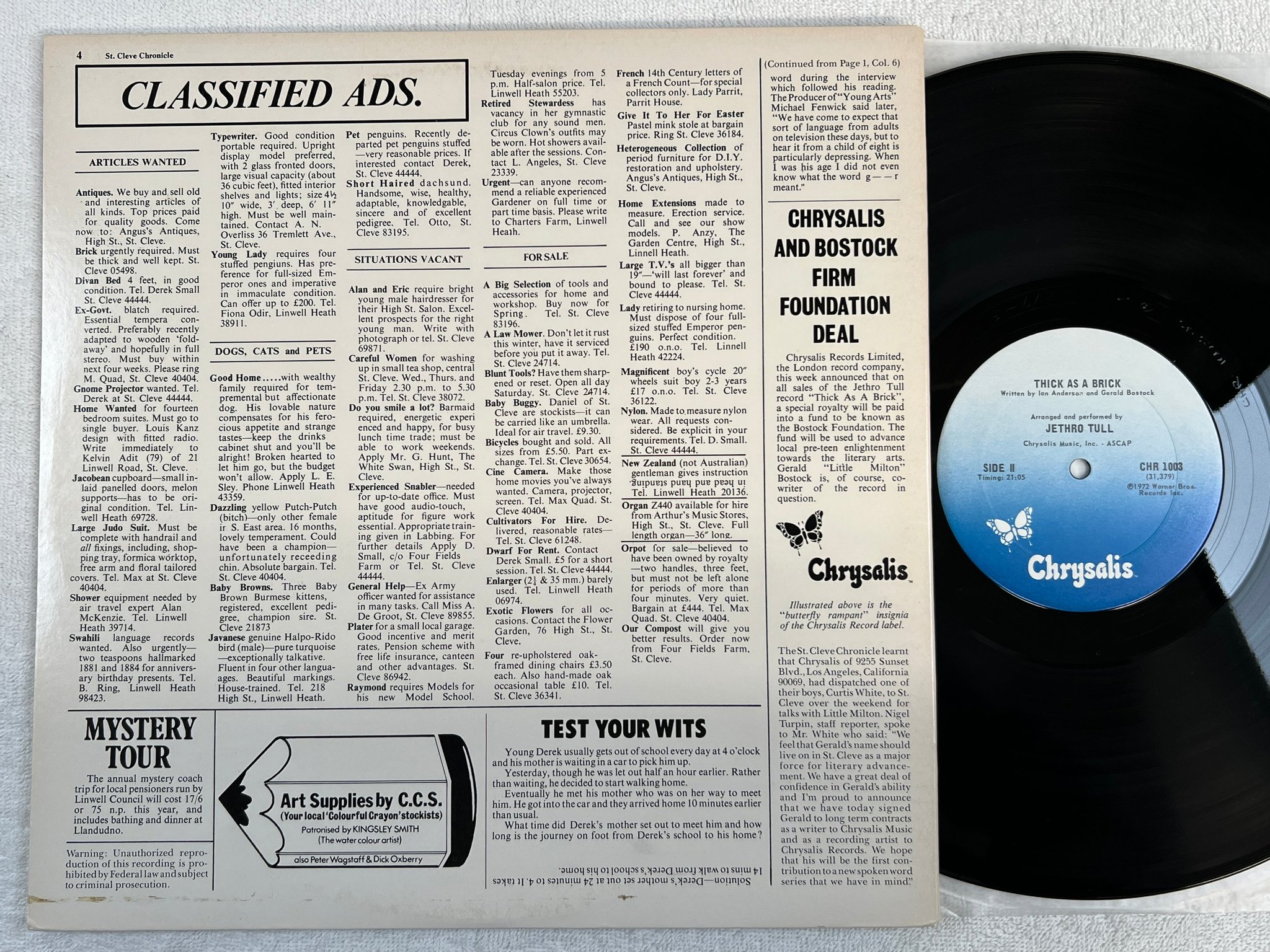 Omslagsbild för skivan JETHRO TULL thick as a brick LP re US CHRYSALIS CHR 1003